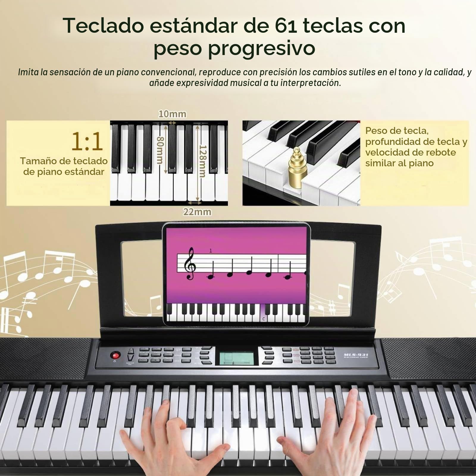 Teclado Piano 61PCS Teclas, Piano Electrico para Principiantes, Piano Digital Compacto, Función de Grabación y Programación, con 300 Sonidos,Altavoces,USB MIDI,Pantalla LCD,Conector para Auriculares