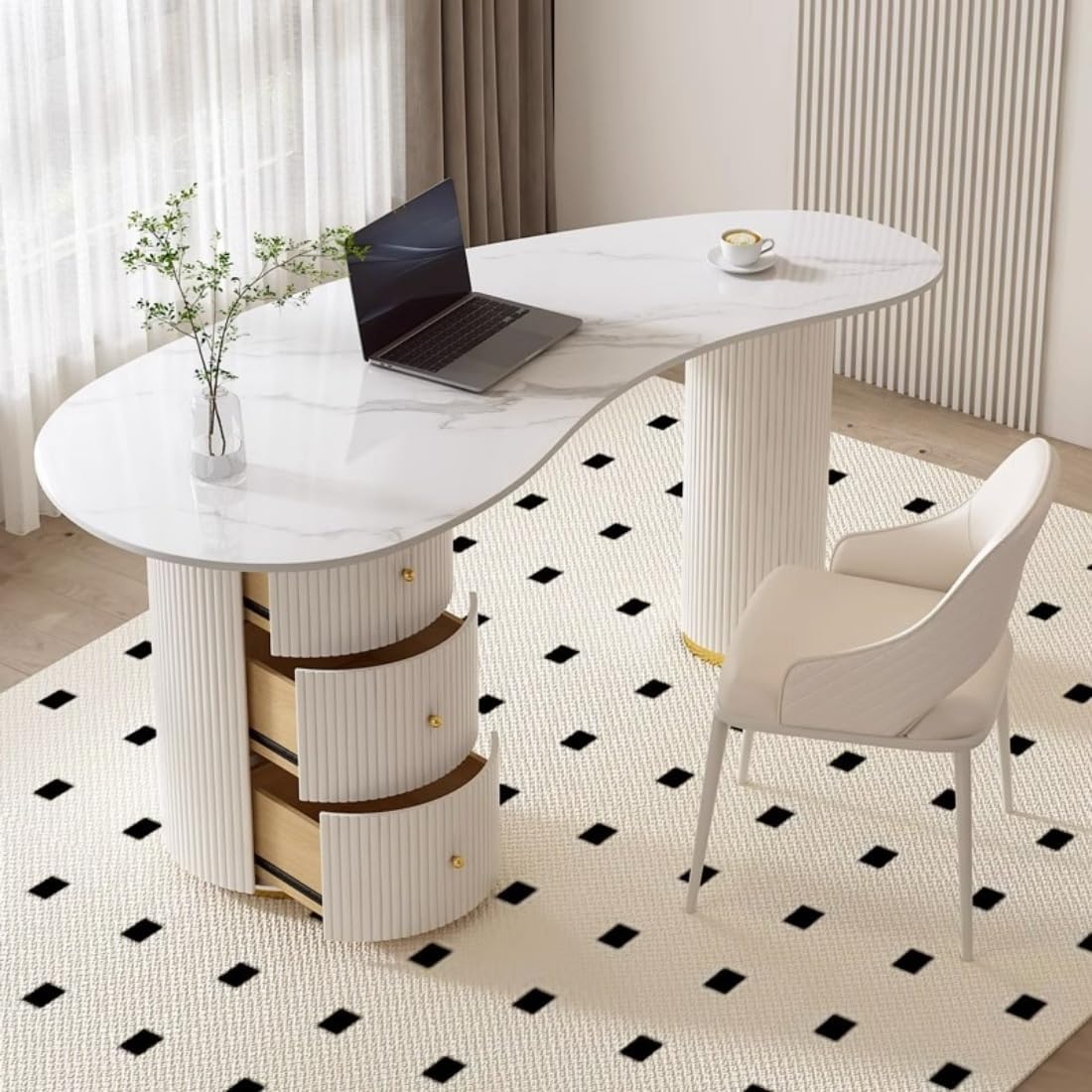 LITFAD Computer Desk Irregular Sintered Stone Home Office Desk with 3 Drawers, Modern Style Boss Table, Beauty Salon Reception and Consultation Table, Pandora, 47" L x 23.5" W x 29.5" H, Table Only