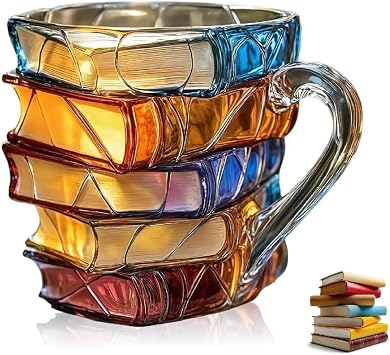 Painted Book Mug, 3D Colored Glass Book Coffee Mug, Novelty Books Stack Coffee Cup Christmas GiftsWith fork spoon set
