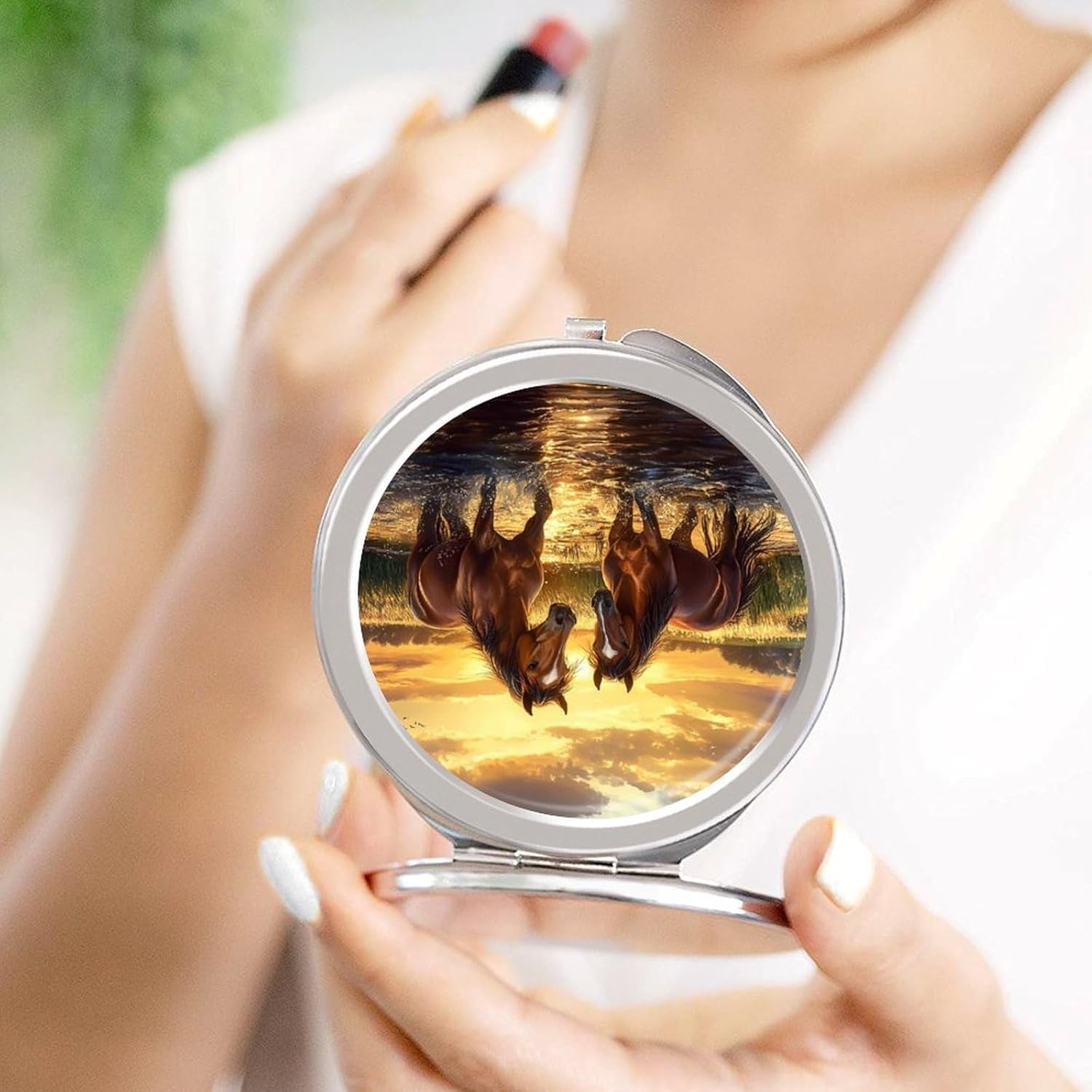 Horse Lake Sunset Compact Makeup Mirror Mini Foldable Cosmetic Mirror Portable Travel Mirror for Purse Pocket