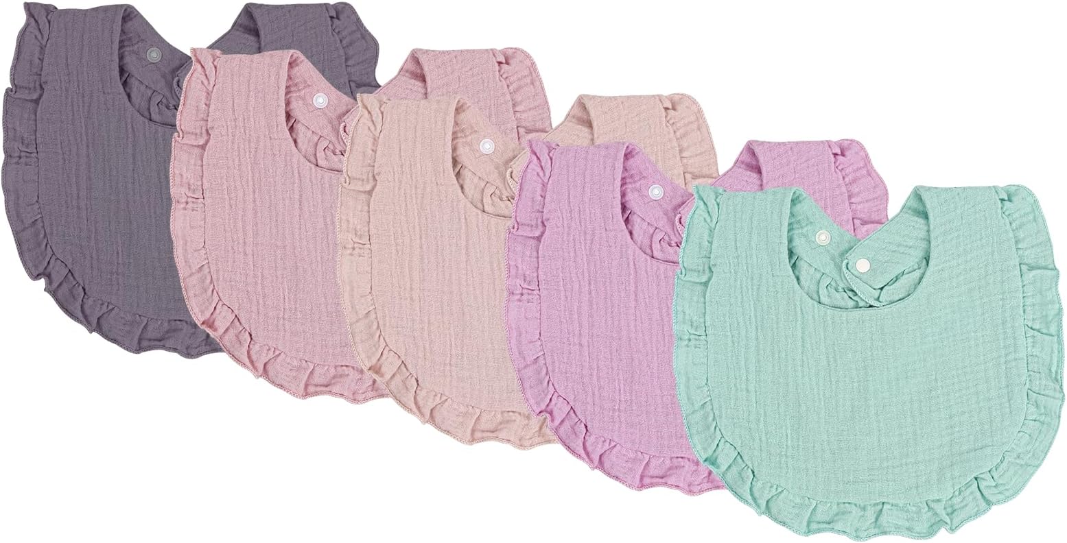 Asung Baby Bibs - Newborn Muslin Drool Bibs for Boys & Girls - Cotton, Soft, Absorbent - 5 Pack