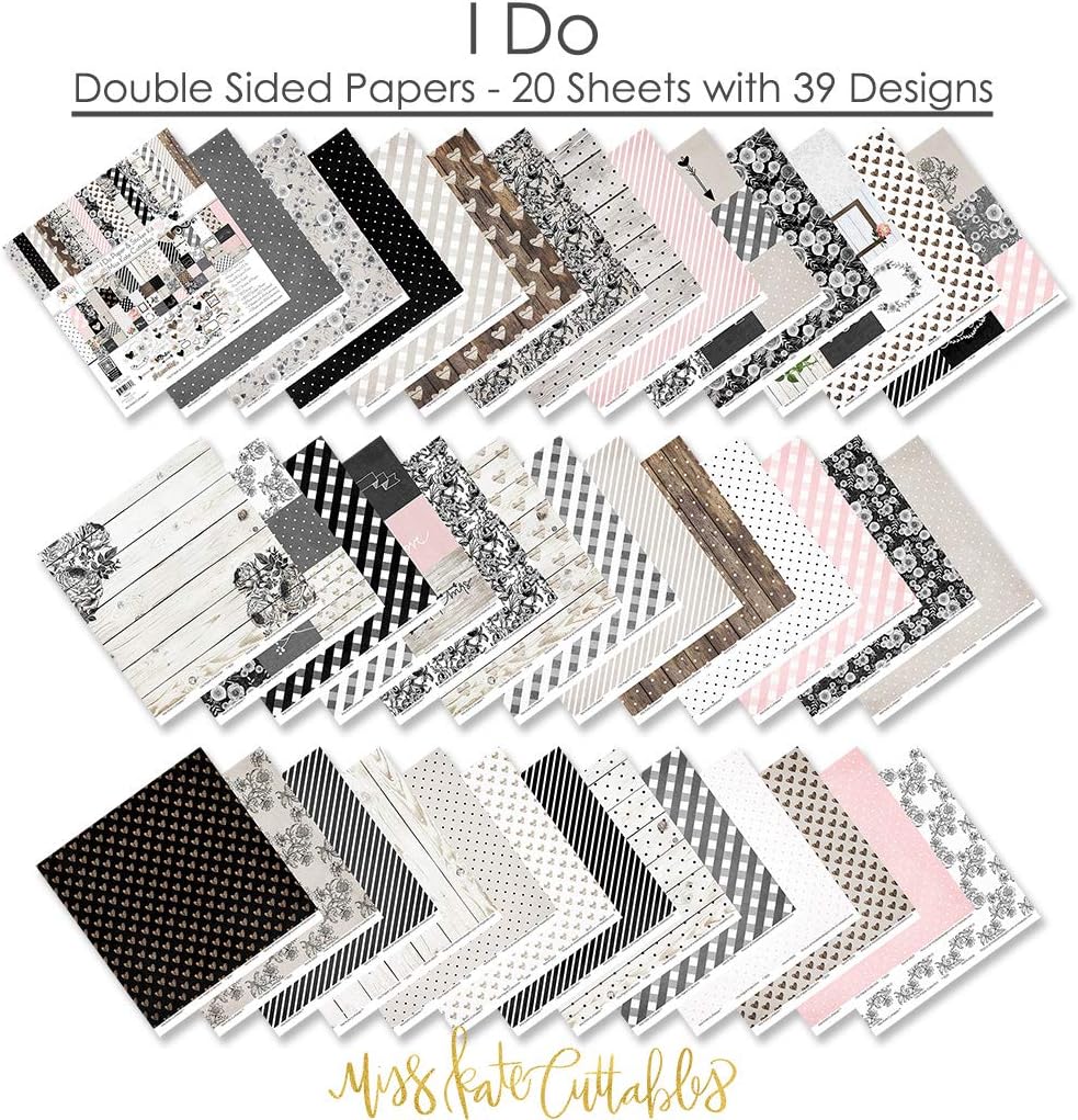 Paper & Sticker Kit - I Do - Wedding - 20 Double-Sided 12x12 Papers with 39 Designs & 1 8X12 Sticker Sheet - Scrapbooking Card Making Crafting - by Miss Kate Cuttables