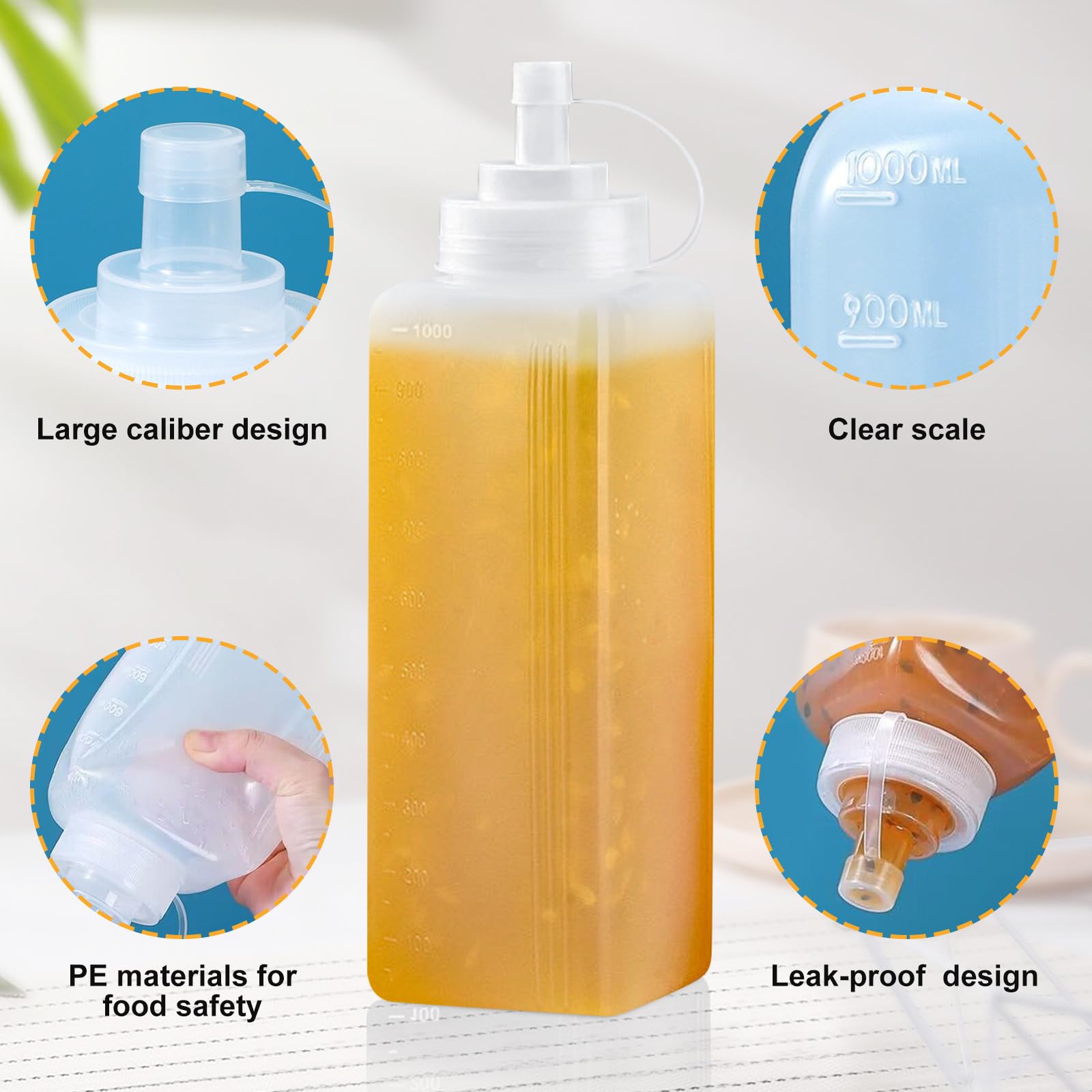 BORDEAG 4 bottiglie da spremere, bottiglia da 1000 ml con tappi, spremere Condiment, bottiglie vuote di plastica, bottiglie a spruzzo, salsa per ketchup, salsa, piccante, olio d'oliva