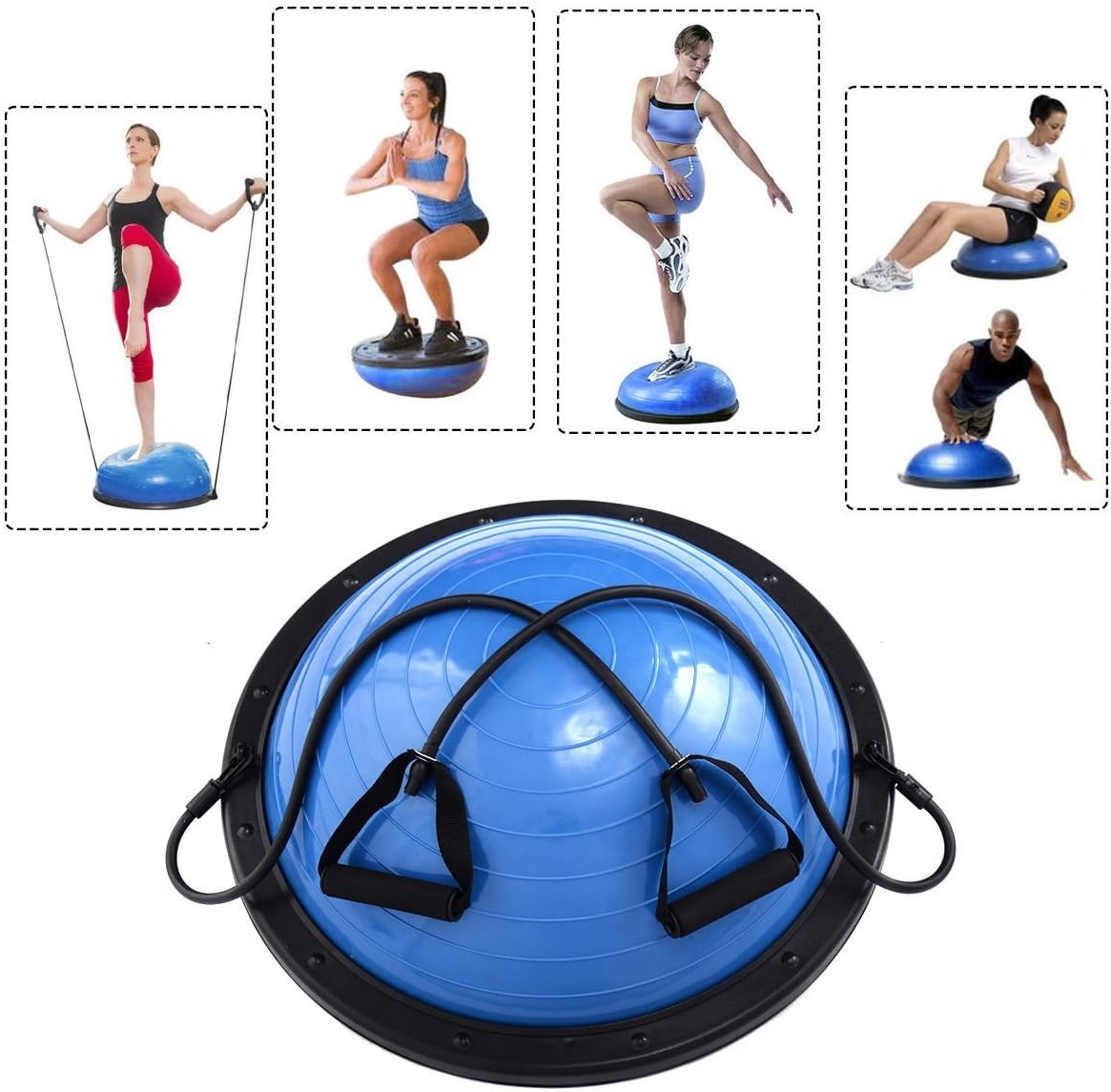 Blue Half Circle Dome Ball Balance Trainer Yoga Fitness Pilates Strength Exercise Workout with Resistance Bands and Pump