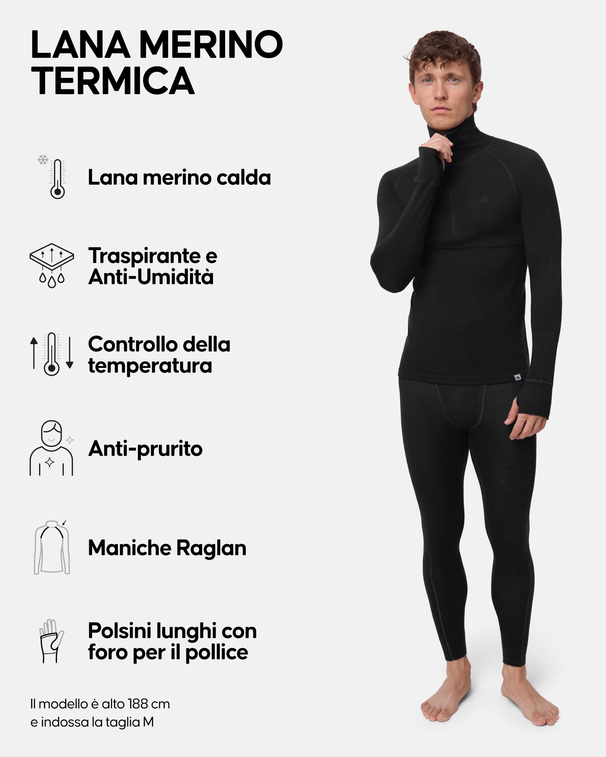 DANISH ENDURANCE Intimo Termico Uomo Lana Merino, Maglia Termica Uomo con Zip e Pantaloni Termici, Calzamaglia Termica Invernale per Sci, Trekking