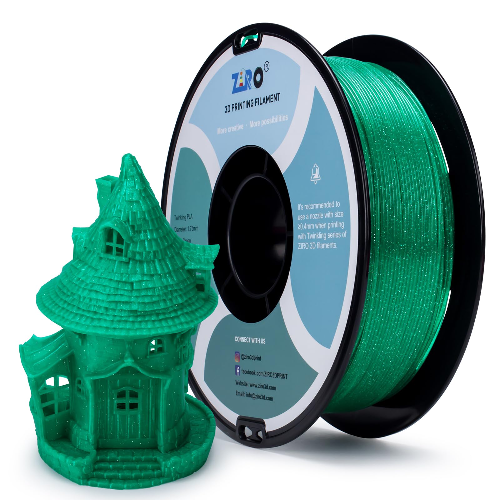 ZIRO PLA Filament 1.75mm, Shiny Sparkle Glitter with Transluent Base, Twinkling PLA Series 3D Printer Filament, Colorful Printing Material, 1kg/2.2lbs