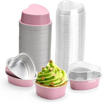 100 Pack Disposable Heart Shaped Cake Pans with Lids,3.4oz/100ml Aluminum Foil Mini Heart Cake Tin Set, Small Baking Cakes Mold for Individual Cakes