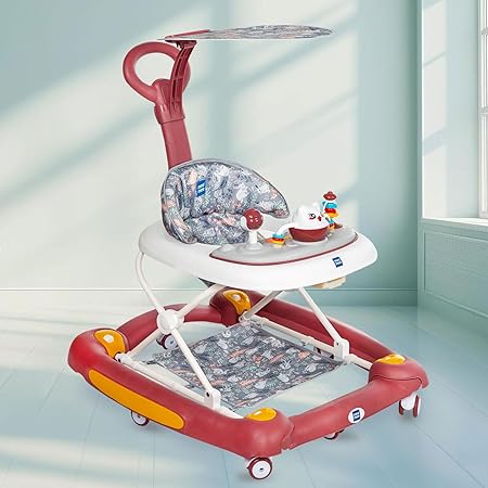 Mee Mee 2-in-1 Baby Walker & Rocker with Parental Push Handle, 3 Level Height Adjustable with Light & Musical Toys, 360? Rotating Wheels, Cushioned Walker for Baby 6-18 Months, Upto 15 Kg (Red)