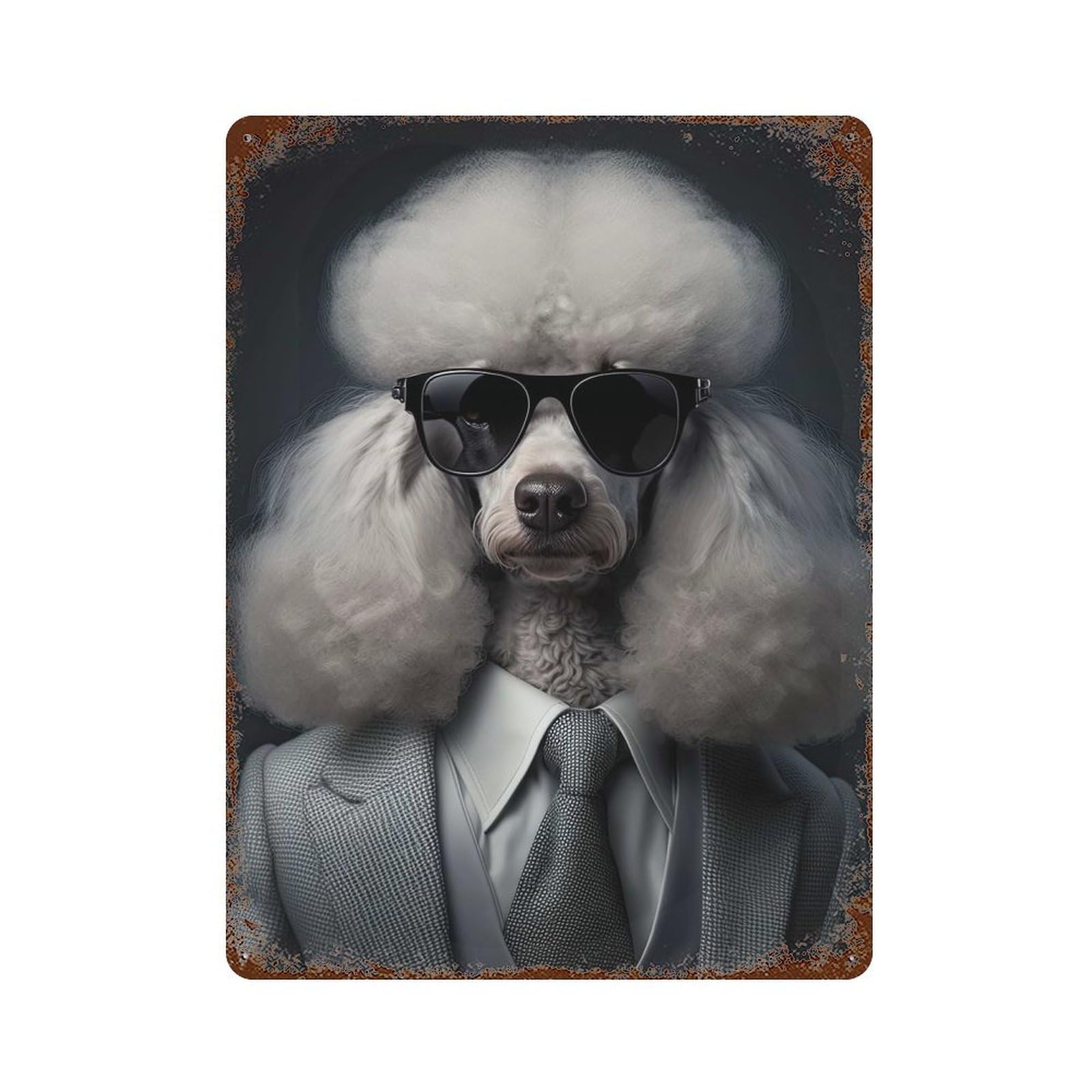 Rust Effect Poodle Mafia Boss Weathered Tin Sign 15.7"x11.8", Shabby Chic Decor for Cafe, Home Bar And Lounge Decor