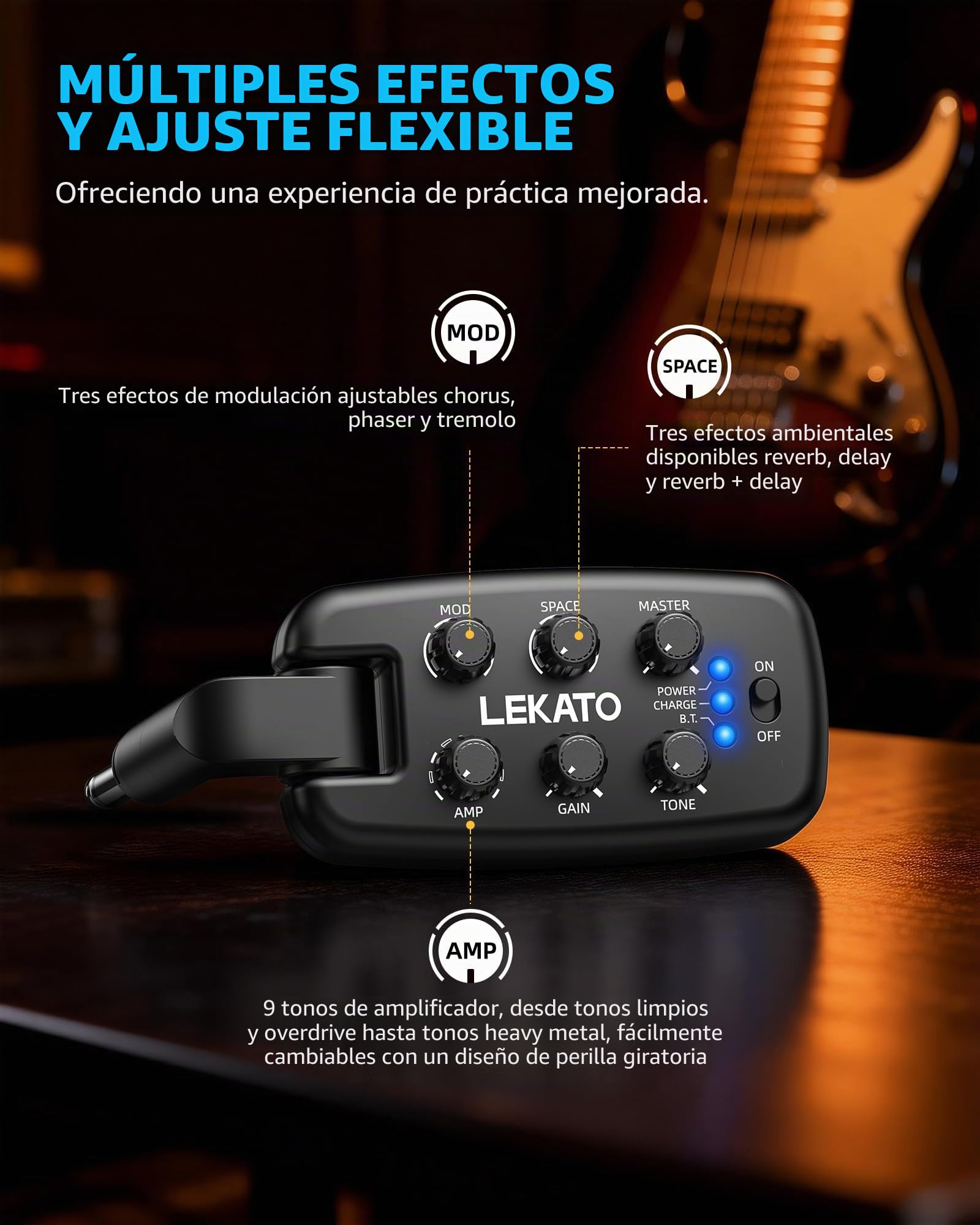 LEKATO Amplificador de auriculares para guitarra, amplificador de práctica portátil enchufable para guitarra eléctrica y bajo, 9 modelos de amplificador y 6 efectos, Bluetooth 5.0, enchufe giratorio