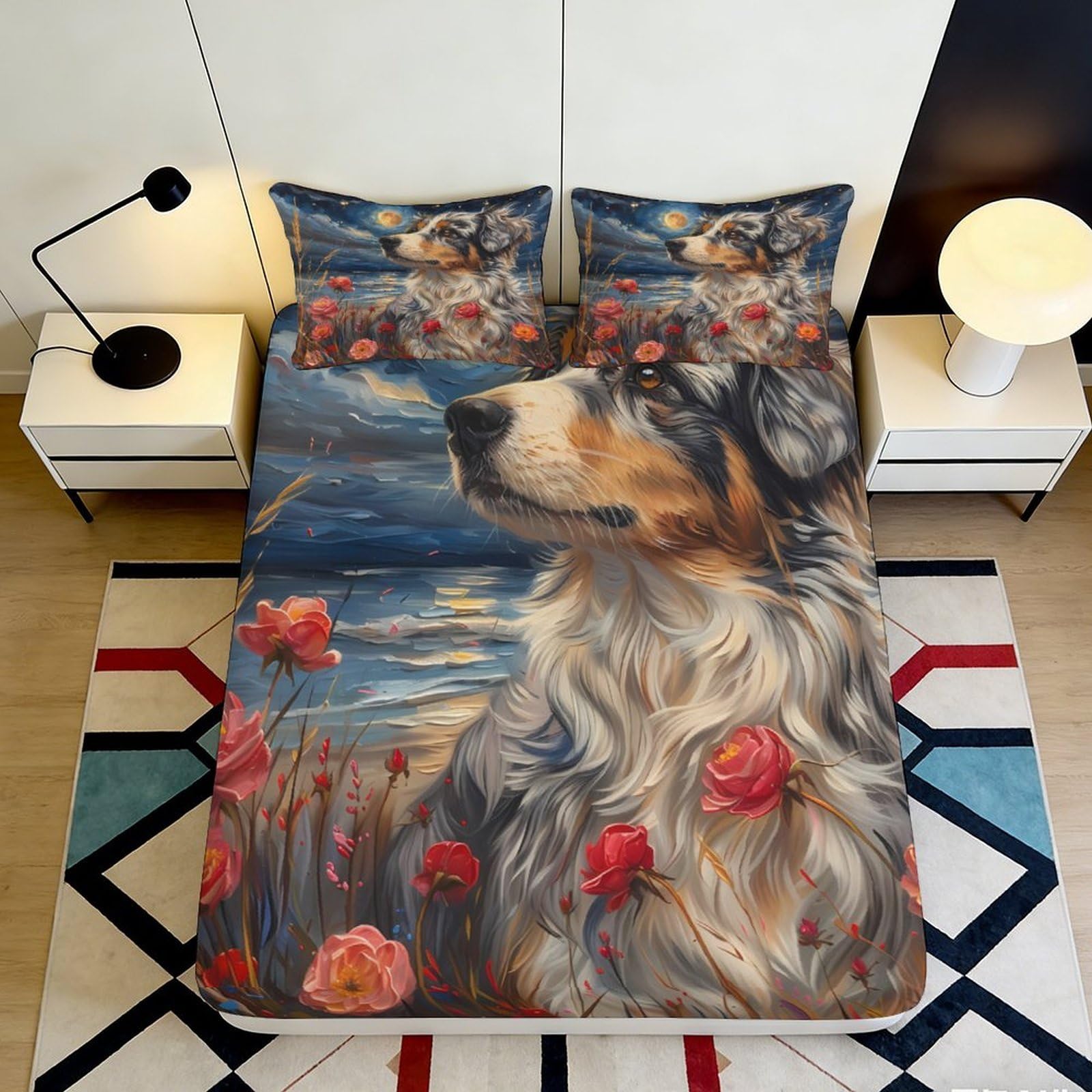 3D Printed Australian Shepherd Dog Fitted Sheet Microfiber Floral Art Mattress Cover Washable Bedroom Dorm Decor 90x200x25cm