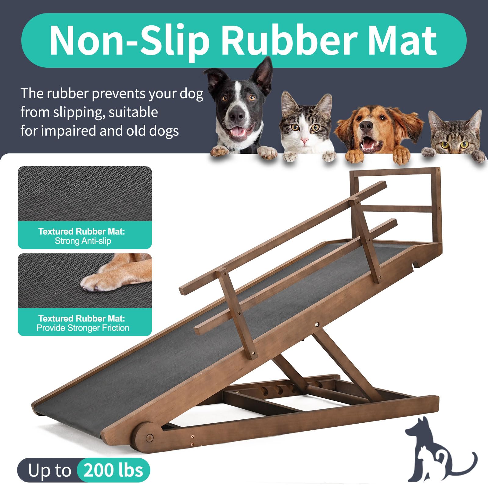 Dog Ramp, 5 Level Adjustable Wooden Folding Pet Ramp for Middle Bed, Couch,SUV-High Traction, Portable Paw Ramps for Small & Large Old Dogs & Cats - Furniture Quality