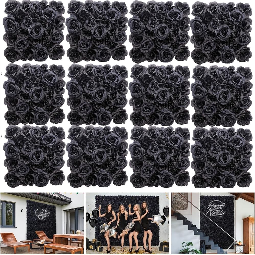 Panneaux de fleurs noires en soie mur d'église anniversaire déco de scène