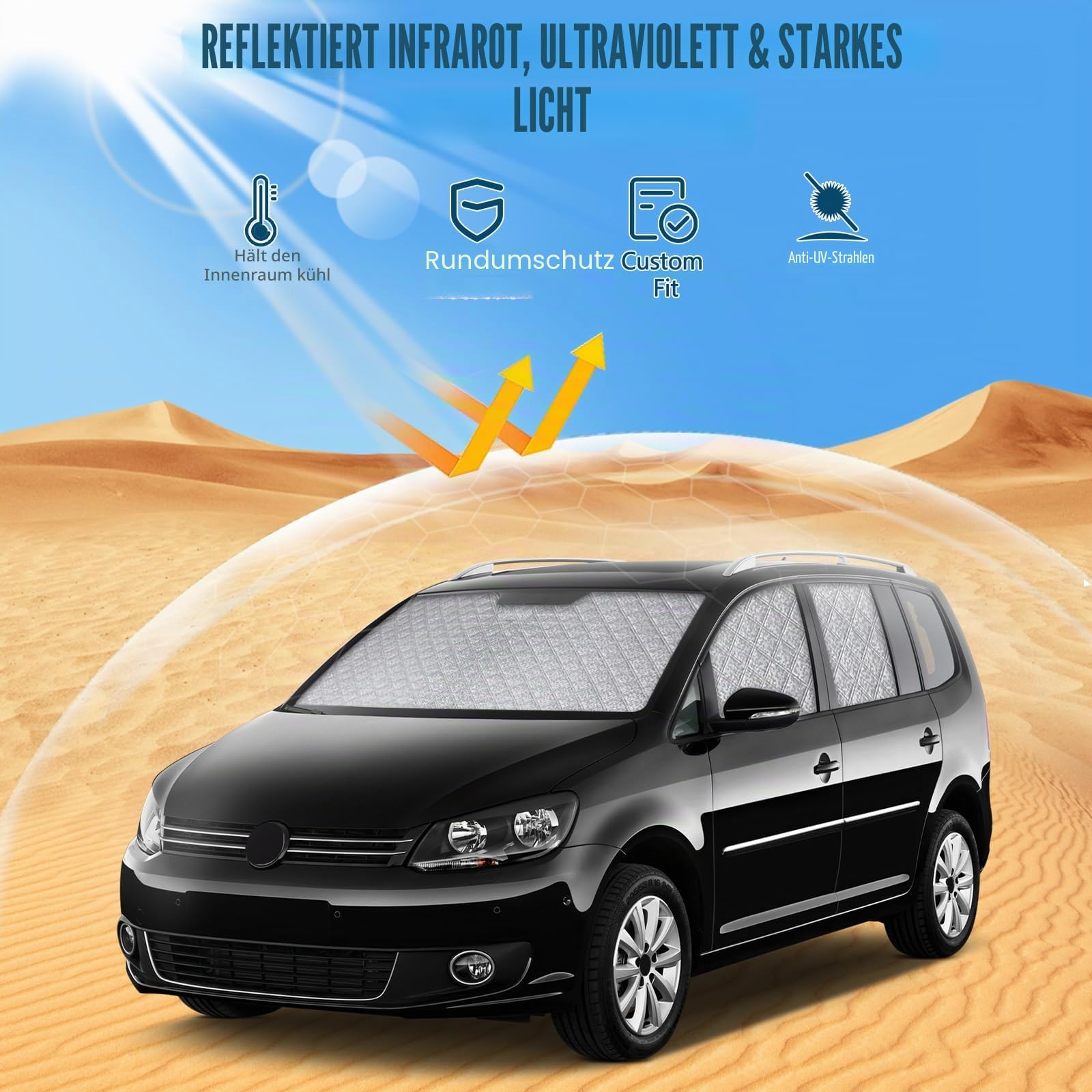 8PCS Sonnenschutz Auto Frontscheibe für VW Touran 5T 2016-2025 | Keine Saugnäpfe Erforderlich, Thermomatte Fahrerhaus Innen, Blockt UV-Strahlen, Privatsphäre und Effektiver Hitzeabwehr