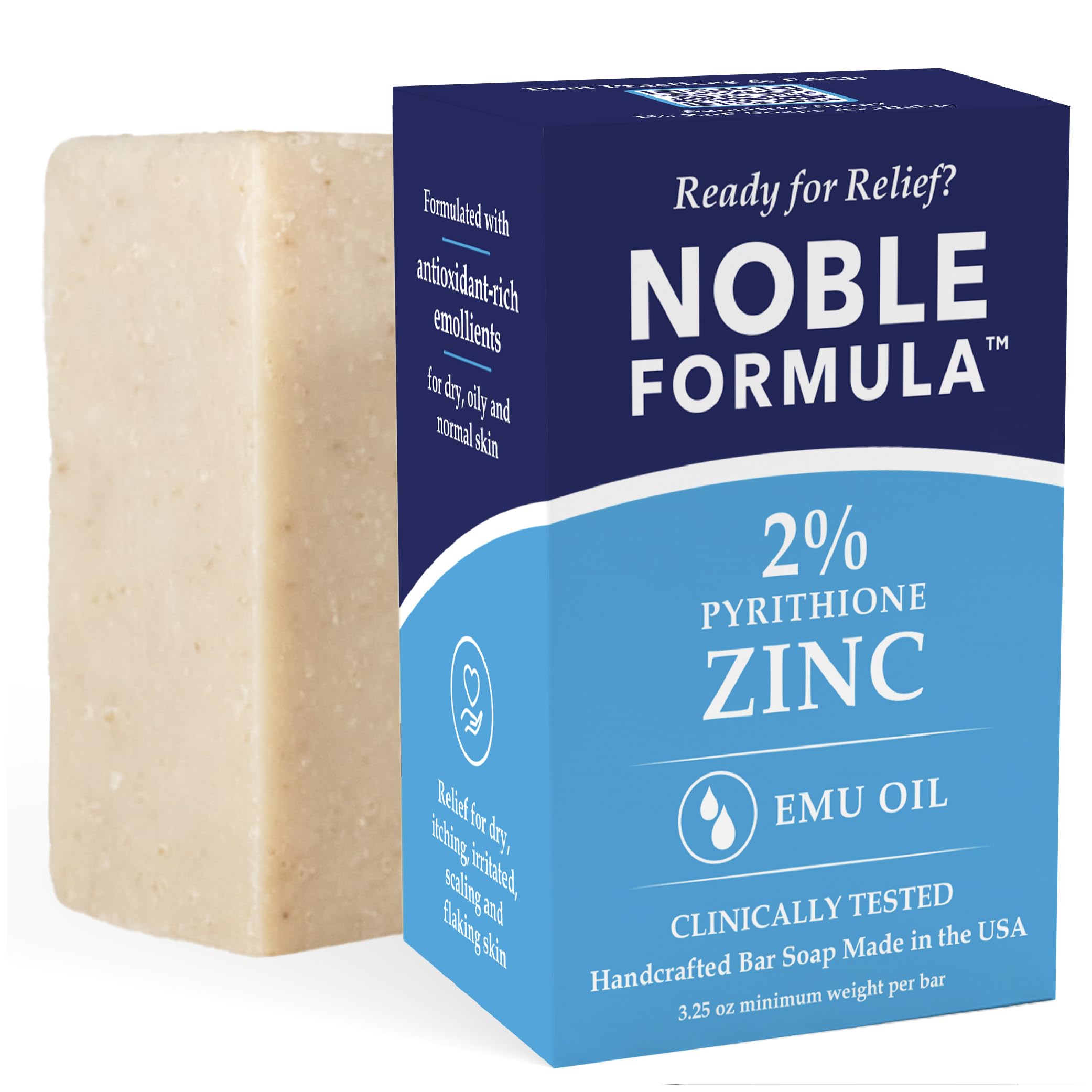 Noble Formula 2% Pyrithione Zinc Soap Bar with Emu Oil – Face, Body and Scalp Cleanser for Dry, Flaky, Red, Irritated, and Itchy Skin - No Palm Oil, Handmade in the USA – 3.25 oz