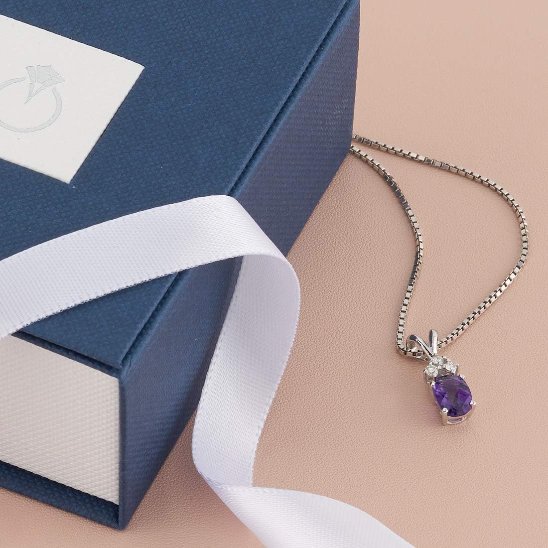 PEORA Amethyst with Genuine Diamonds Pendant in 14 Karat White Gold, Dainty Solitaire, Oval Shape, 7x5mm, 0.75 Carat total, Real Amethyst Necklace, February Birthstone Necklace, w/Jewelry Box