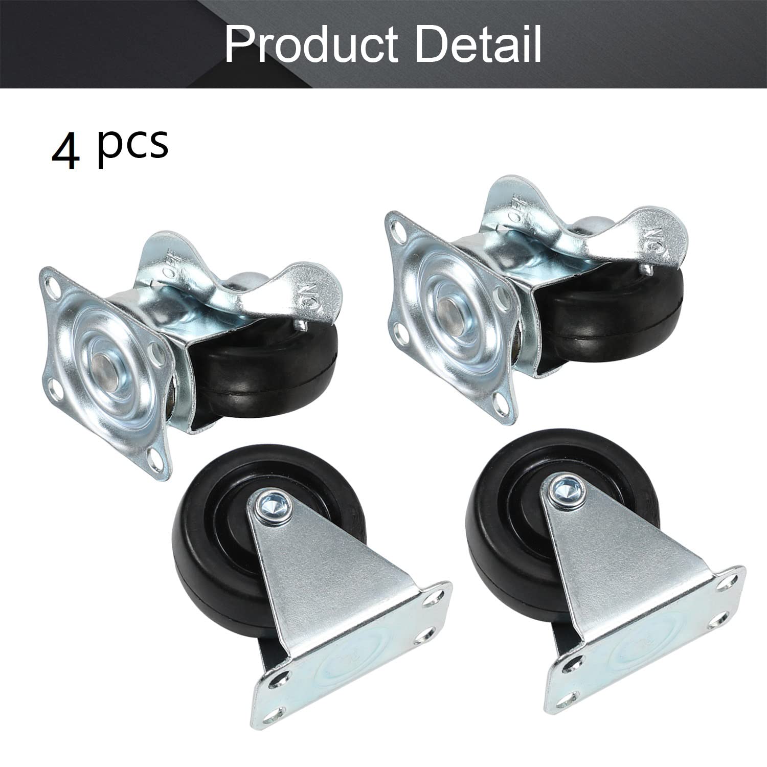 MroMax Set Di 4 Ruote Per Carrelli In Gomma Con Piastre | 2 Ruote Rigide E 2 Girevoli Con Freno, Diametro Ruota 39 Mm, Portata 304g, Colore Argento E Nero