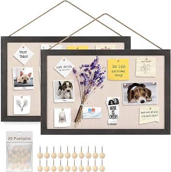 Miratino 2-Pack Cork Board with Linen 16x11 inch Bulletin Board Wall Decor Hanging Pin Wood Framed Display Bulletin Cork Picture Board Light for Room School Office Bedroom 20-Pushpin Vintage Black