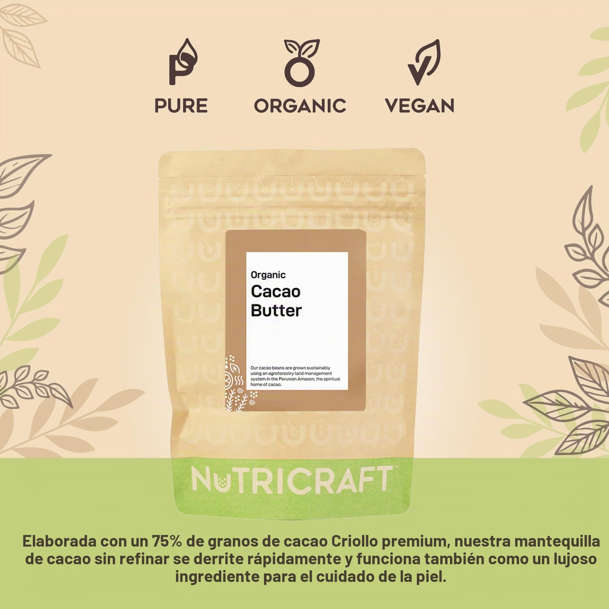 NutriCraft Mantequilla de cacao criollo orgánica, 1 kg, 100% pura, de origen sostenible de la Amazonía peruana, para hornear, hacer chocolate, mantequillas corporales y jabones, fusión rápida, rico
