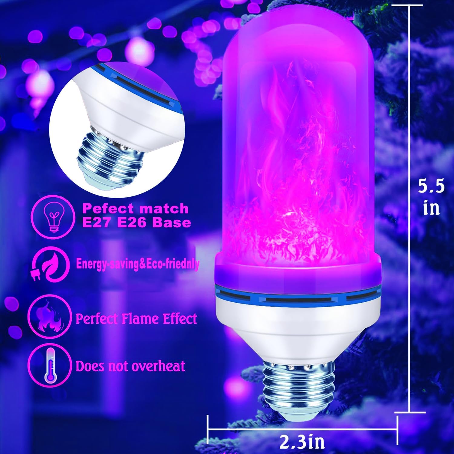 Upgraded LED Purple Flame Light Bulbs, 4-Mode Flickering Light Bulbs with Gravity Sensor, E26 Fire Light Bulb for Porch Party Patio Home Halloween Christmas Indoor Outdoor (Purple, 1)