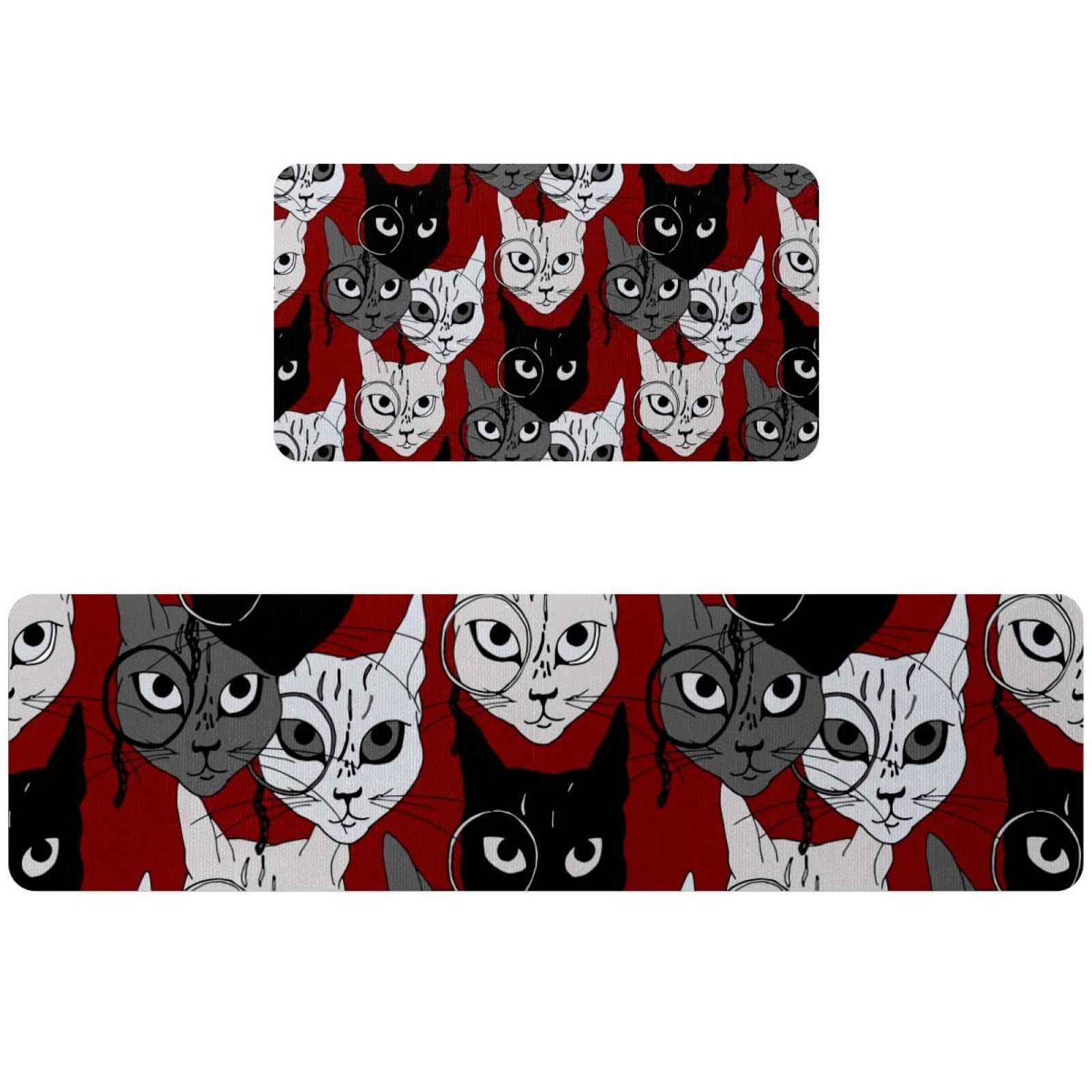 Tapete de cocina gris, negro y blanco con diseño de gatos lavable de dos piezas