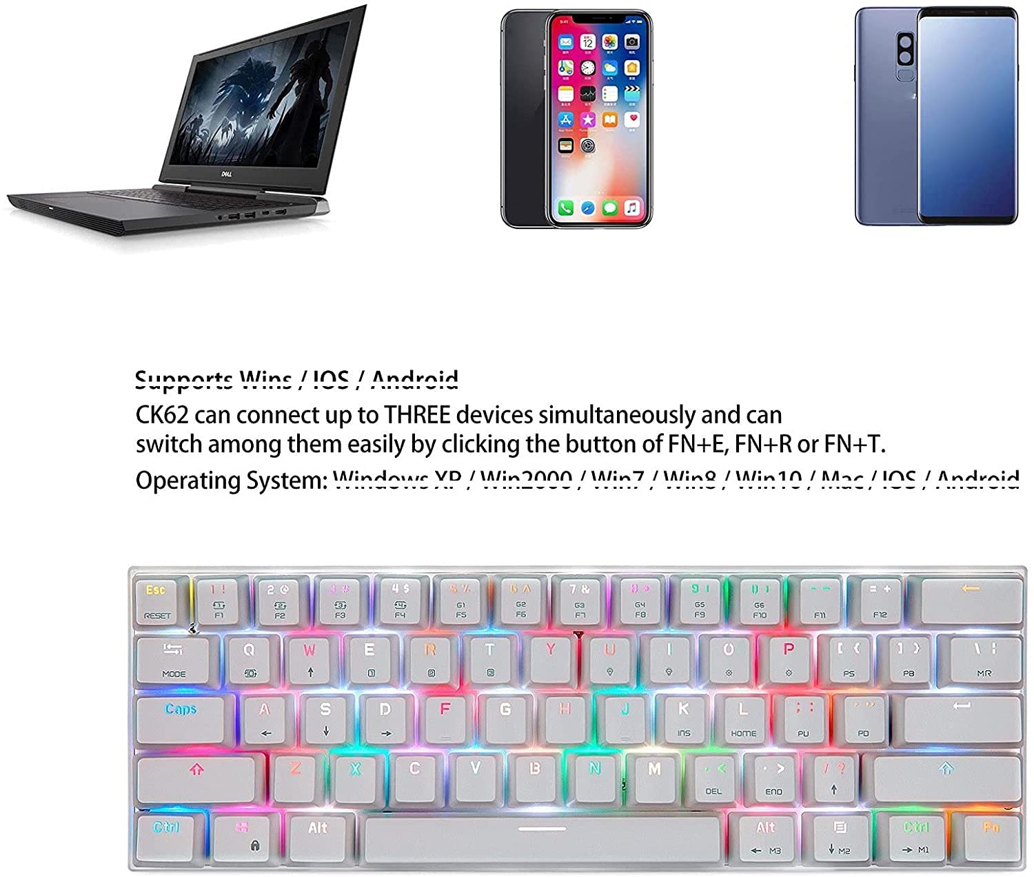 Tastiera Meccanica, modalità Doppia cablata e Wireless e Wireless Bluetooth, Tastiera da Gioco RGB. Tastiera cablata Arcobaleno retroilluminato per Windows Gaming PC, 61. Chiavi