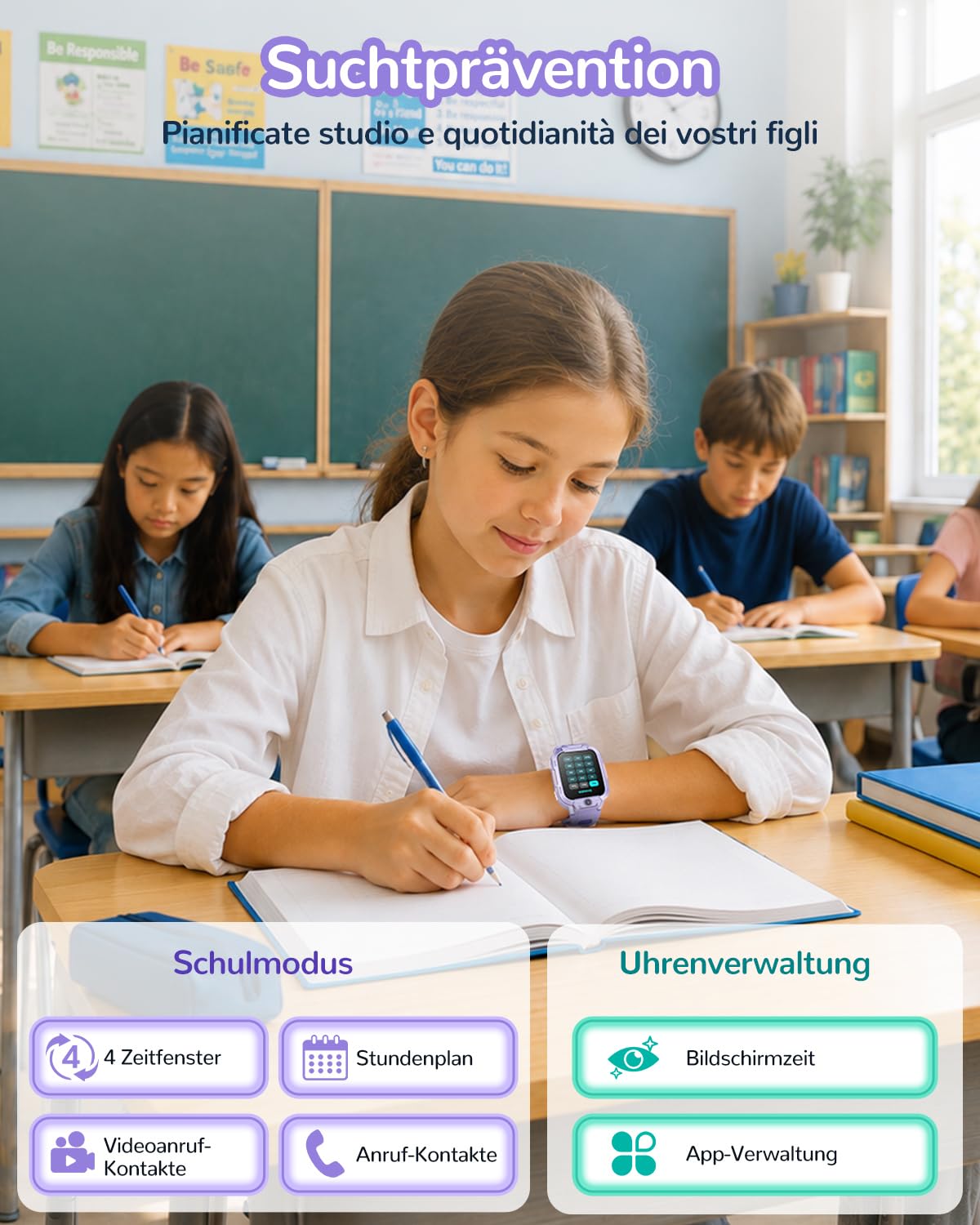 Neue Smartwatch Kinder Videoanruf/GPS/SOS/Schulmodus, Geschenke (Lila)