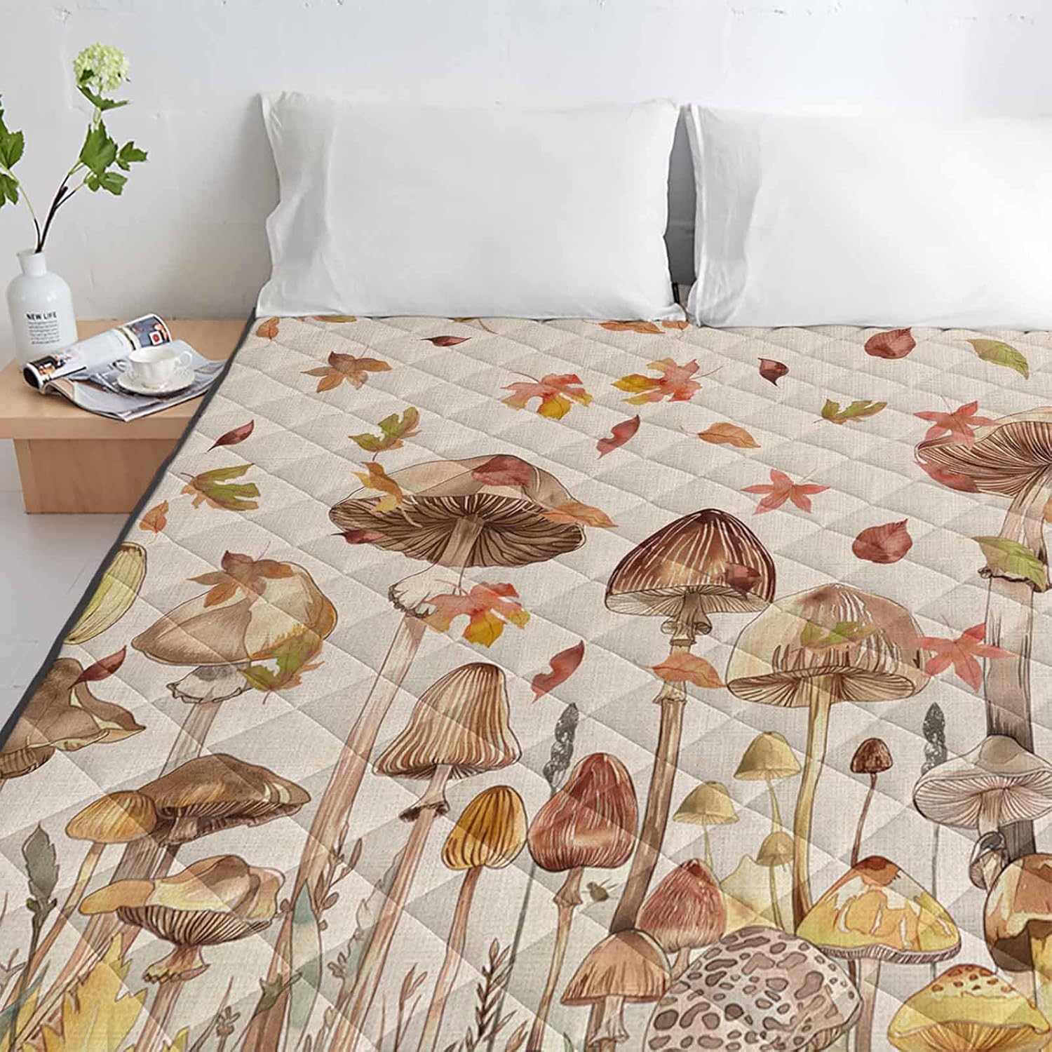 T&H XHome Quilt Queen Size Luxury Quilted Comforter Bedspread-Thin Soft Cozy, Autumn Vintage Watercolor Mushroom Leaves Linen Reversible Stitched Lightweight Quilt Coverlet for All Season