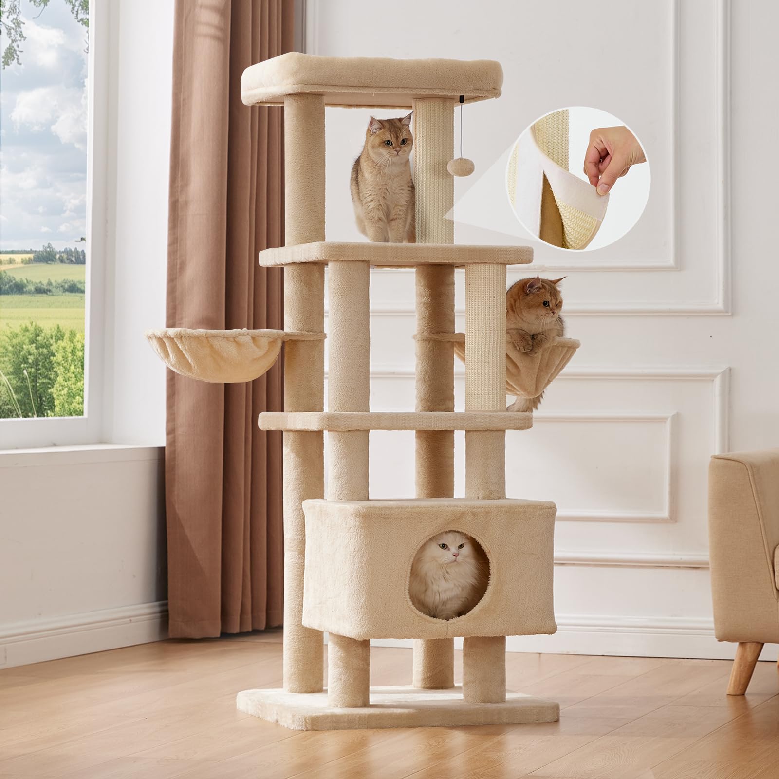 Gardner Pet Cat Tree, 65" Cat Tower with Scratching Post Cat Trees for Indoor Cats Large Adult Modern Cat Tree High Climbing Tower with Replaceable Sisal Home Decoration (Beige-Plus)