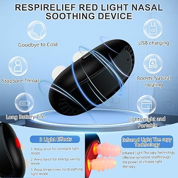 RespiRelief Red Light Nasal Therapy Device,Respi-Relief Nasal Red Light Therapy,Portable Infrared Light Therapy Instrument,Physiotherapy Nasal Soothing Device for Nose Nasal Clearing Device (Black A)