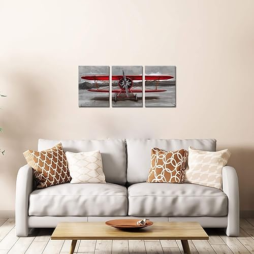 Miniatura 7 de 3 piezas vintage avión lienzo pared arte rojo Jet pinturas aviones rojo cuadros rojo y gris aviación carteles impresión para sala de estar,