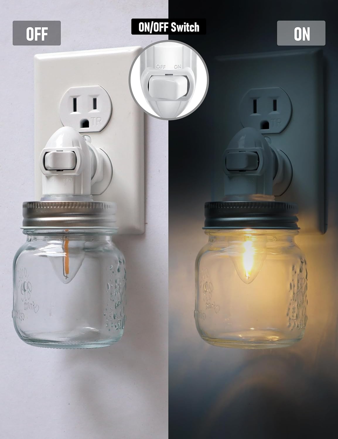 Vintage Mason Jar Plug in Night Light with On Off Switch, 2-Pack 0.5W LED Night Lights Plug into Wall Socket, Farmhouse Nightlight with Mason Jar Lamp Shade for Adult Kids Room Bathroom Hallway