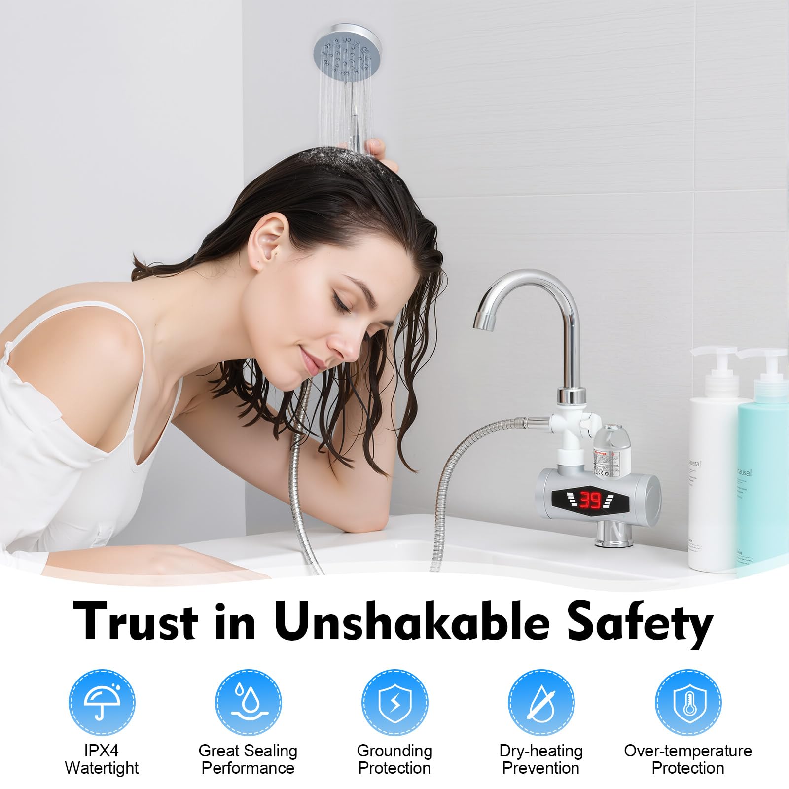 Elektrischer Durchlauferhitzer Wasserhahn 3000W mit LCD-Anzeige und Duschaufsatz, 360° drehbar, IPX4 wasserdicht, mehrfacher Überhitzungsschutz, zwei Installationsmöglichkeiten für Küche und Bad