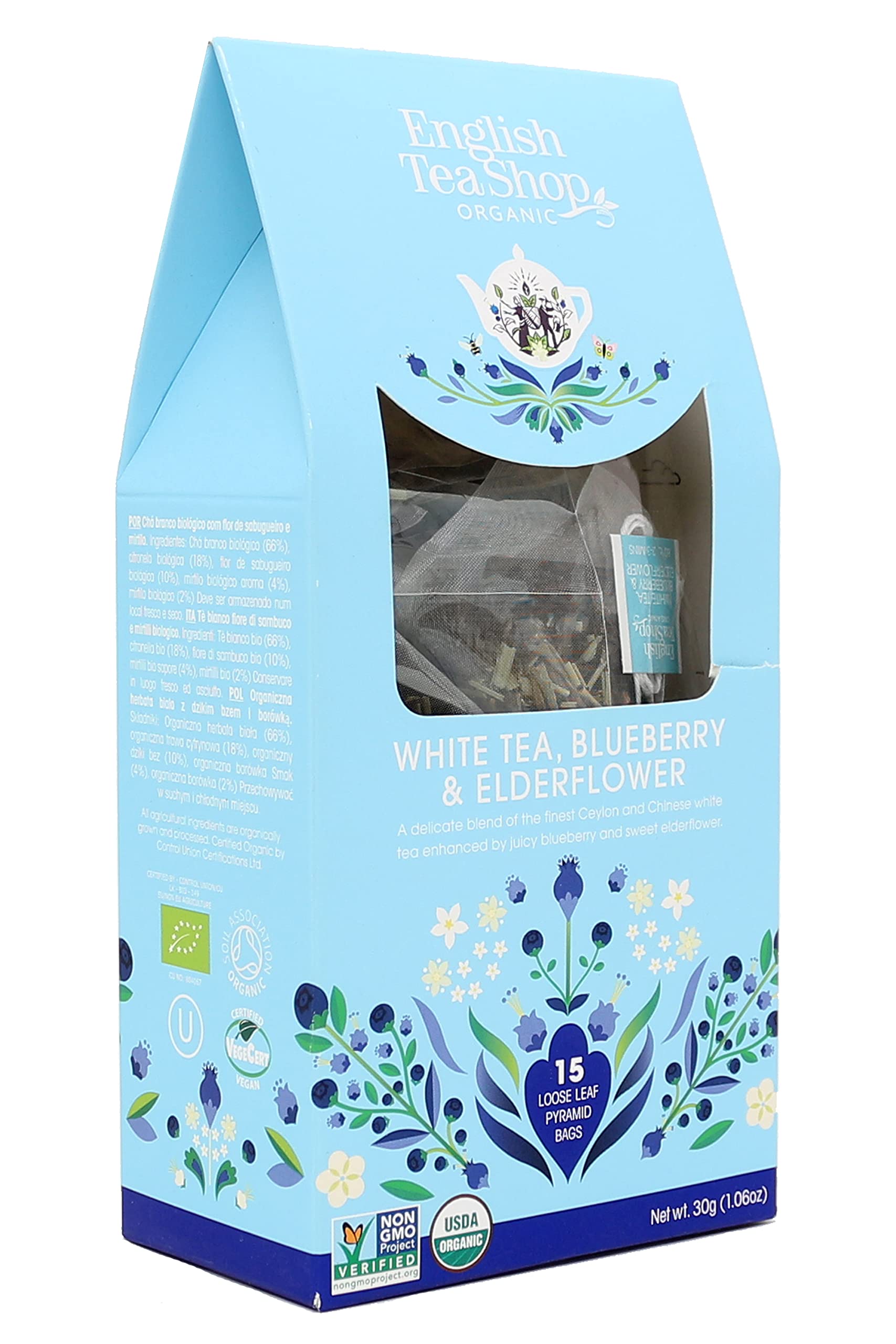 English Tea Shop Organic White Tea, Blueberry & Elder Flower Loose Leaf, 15 Pyramid Tea Bags