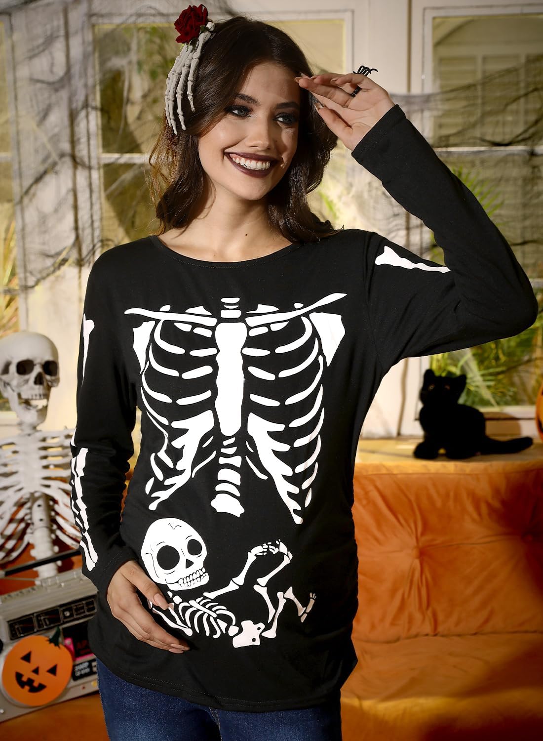 For G and PL Halloween Womens Pregnant Pregnancy Maternity Costume Cute Crewneck Shirts Skull Skeleton Baby L - Image 2