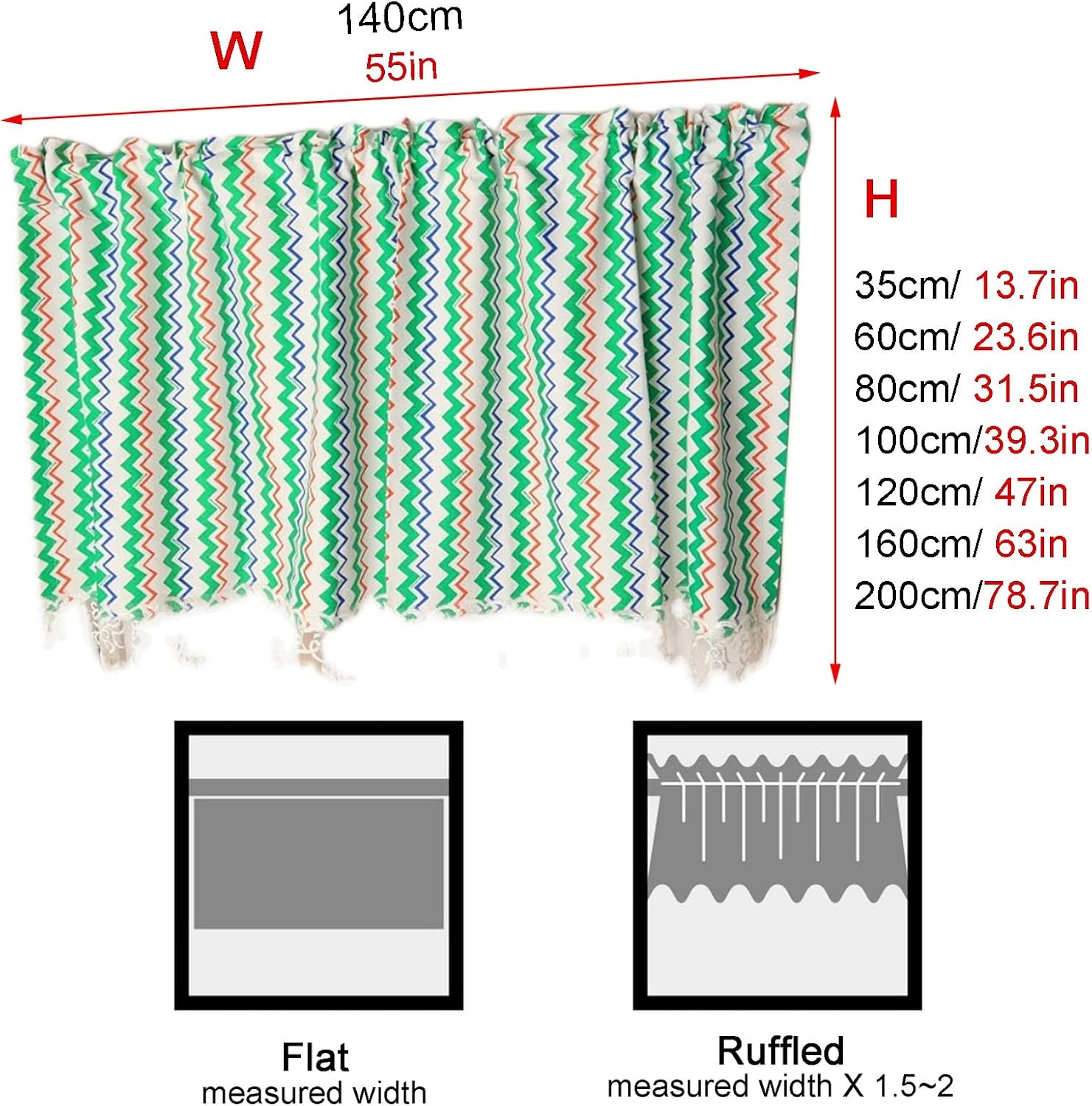 Fashion Kitchen Curtain Green Wave Pattern, Cafe Tier Curtains Rural Style Bathroom Blackout Curtain Valance Panels, for Decor Windows, Cabinet, with Rod Pocket (Size : W140xH80/55x31.5in)