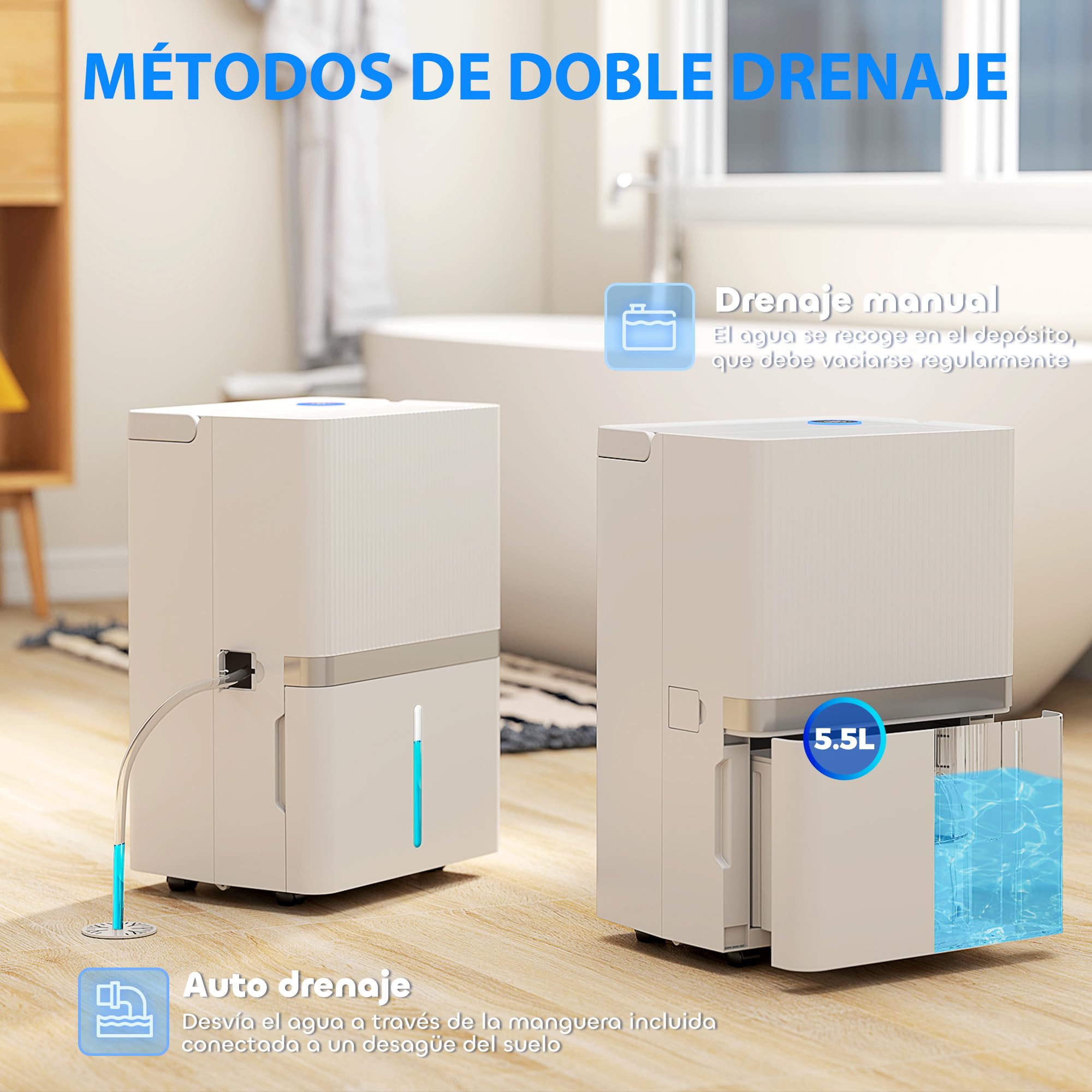 HOMCOM Deshumidificador 35L/Día, Deshumidificador de Humedad, para 40-90 ㎡, Luz Indicador de Humedad, Depósito 5,5 Litros, Drenaje Continuo, Temporizador 24H, Pantalla LED, Secado Ropa, Blanco