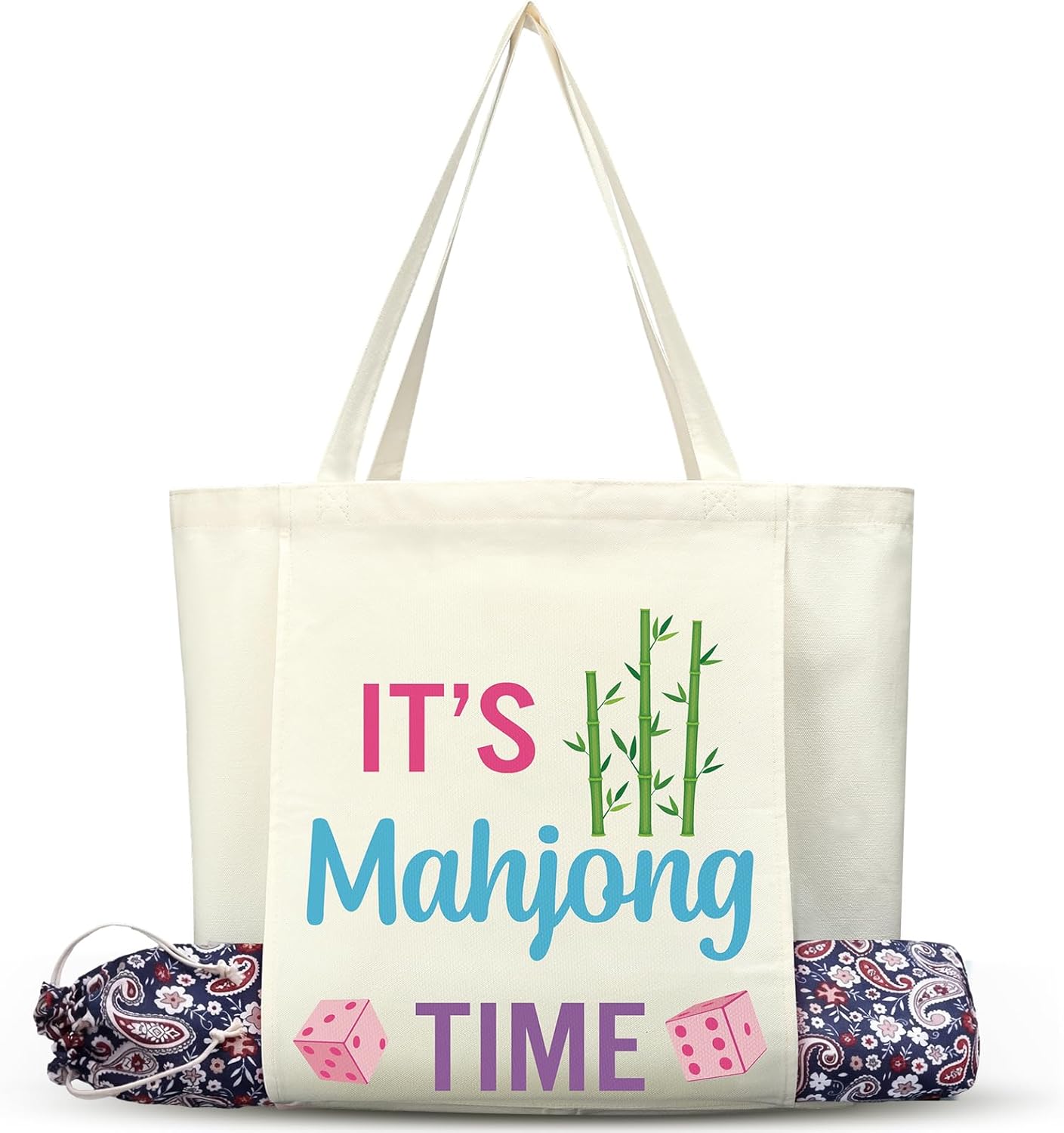 Hillban Empty Mahjong Tote Bag with Mat Holder Large Canvas Mahjong Bag Carrying Tile Tote for Women Tiles & Game Night, Functional Gaming Storage Gift