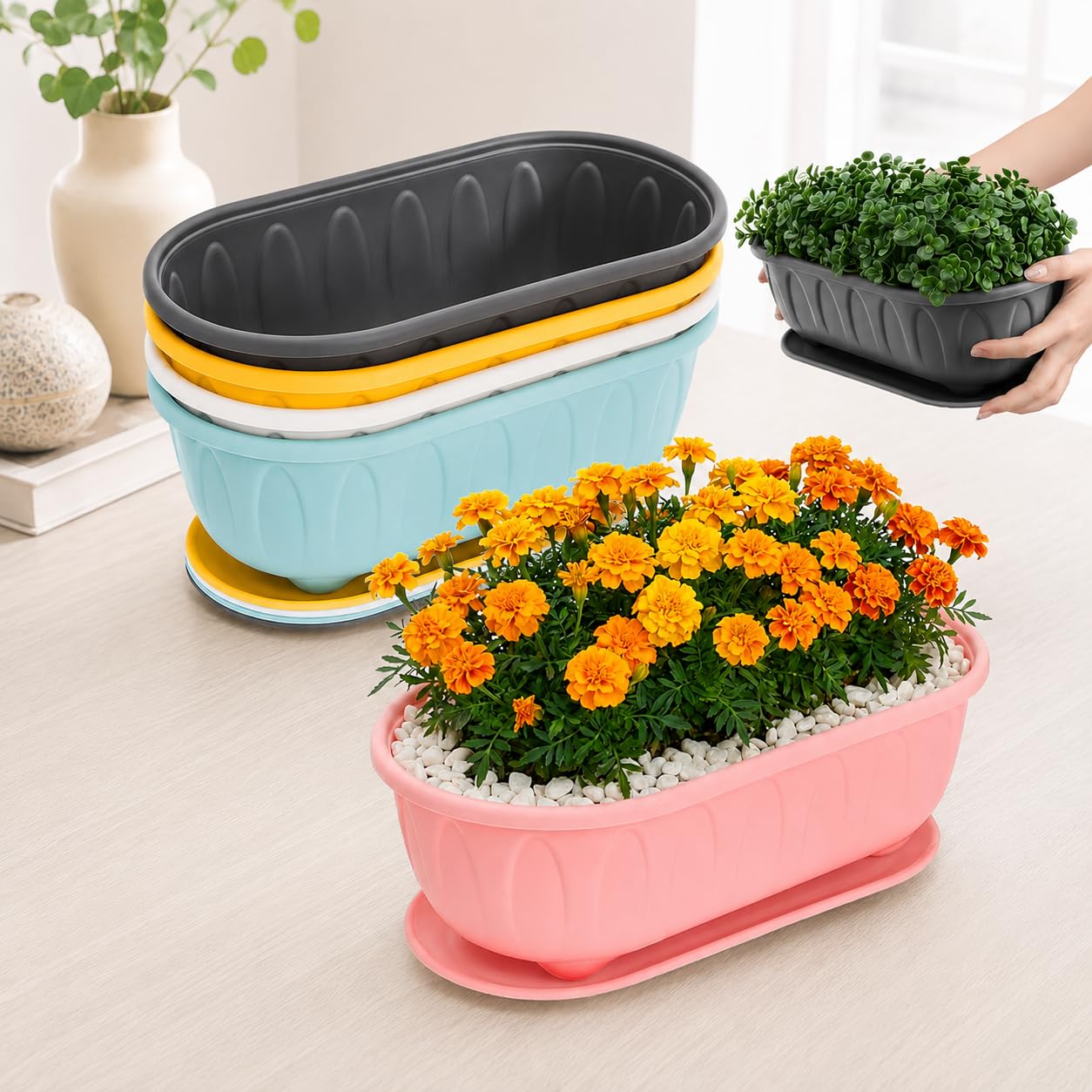 Plastic Rectangle Round Corner Flower Pots with Drainage Hole Saucers Durable Outdoor Indoor Planters with Tray Plant Containers for Balcony, Garden, Home & Office (Set of 5 Multi)-image-33