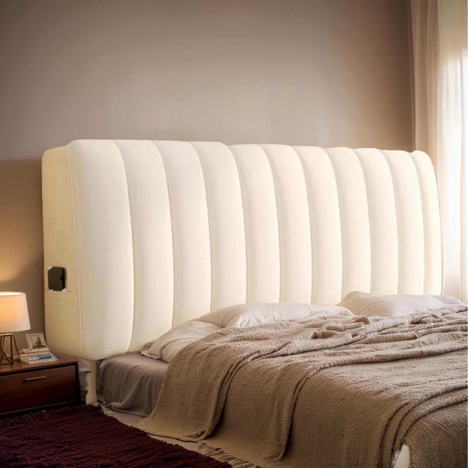 HEADBOARD 1Funda De Cabecero De Cama De Terciopelo, Funda para Cabecero Queen, Funda para Cabecero Queen Cal King Size, Funda A Prueba De Polvo para Cabecero,Blanca,150cm