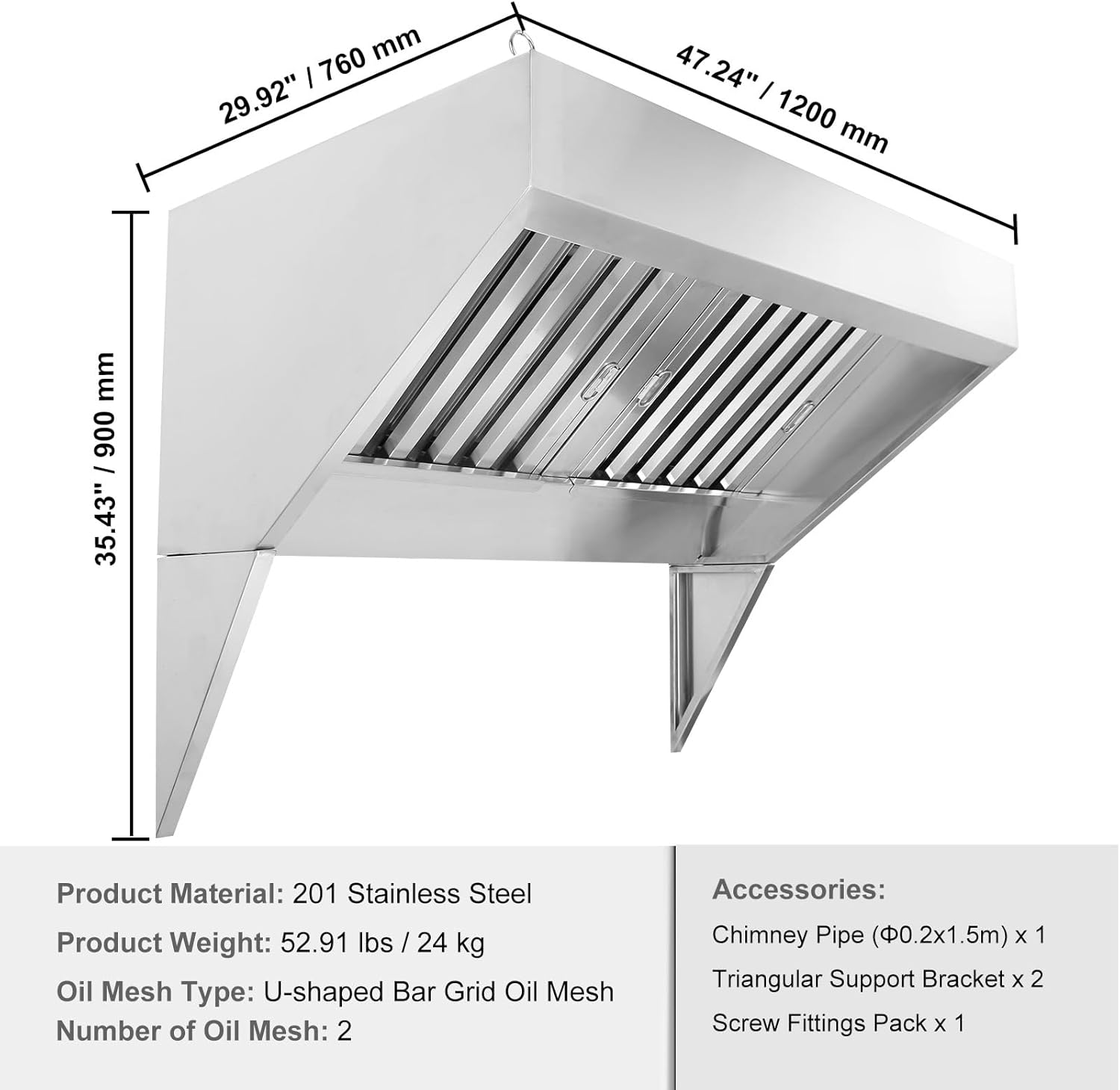 Commercial Exhaust Hood, 4FT Food Truck Hood Exhaust, 201 Stainless Steel Concession Trailer Hood with 2 Detachable U-shaped Grid Oil Filter Mesh, Rust Resistant Vent Hood for Kitchen Restaurant