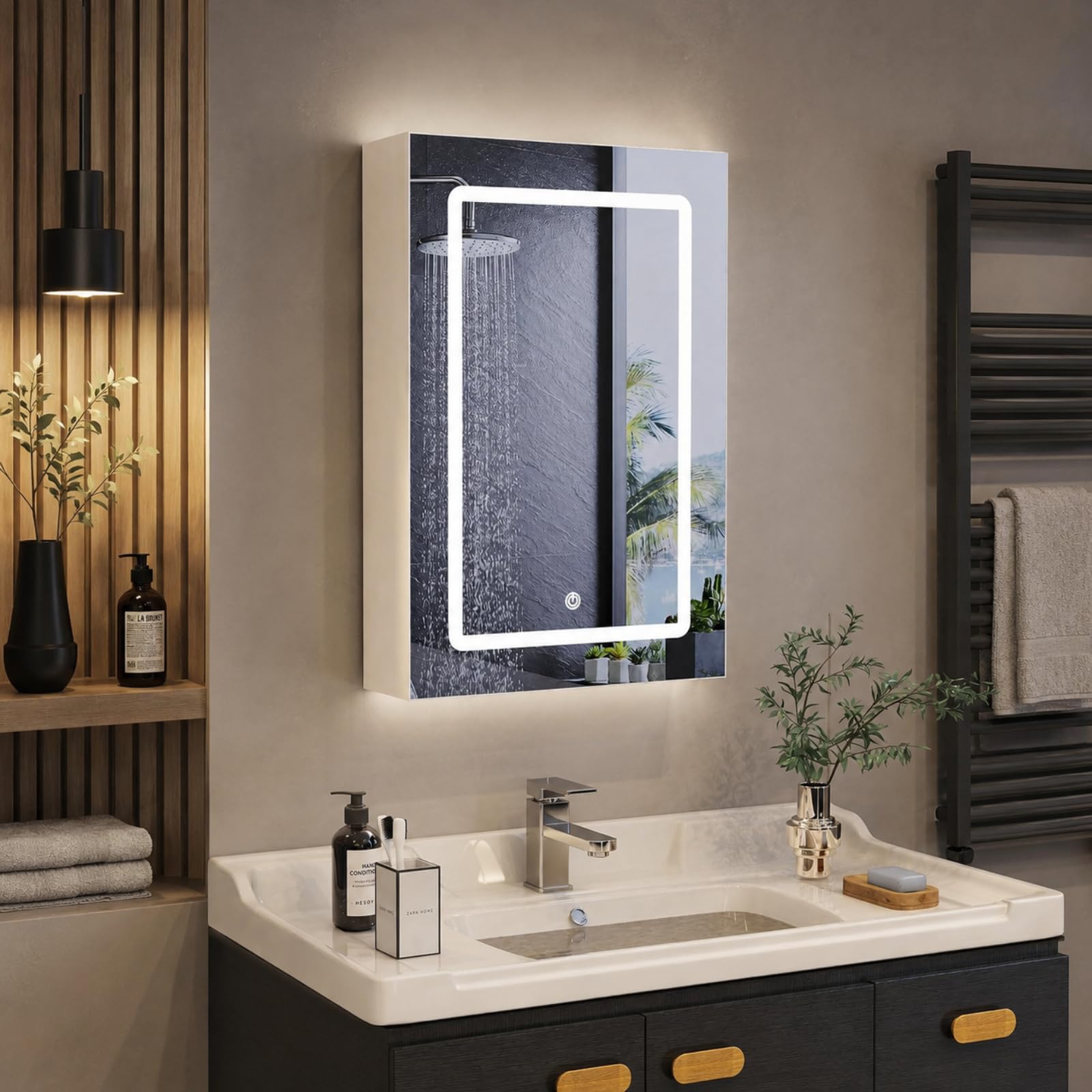 Fofetbfo Armadietto a specchio da bagno con illuminazione, 50 x 14 x 70 cm, con porta singola, con specchio e spazio aperto, specchio da bagno, interruttore touch, 3 colori di luce regolabili, per