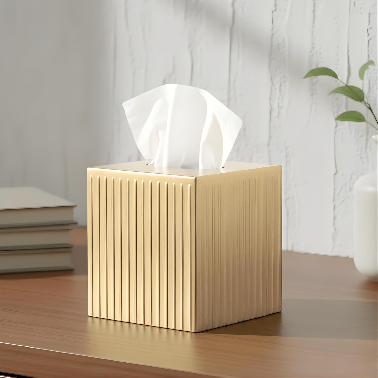 monarch abode tissue box cover square – handcrafted ridge embossed brushed gold metal tissue holder box for bathroom accessory, aesthetic decorative facial napkin cube for modern home decor brushed gold ridge embossed