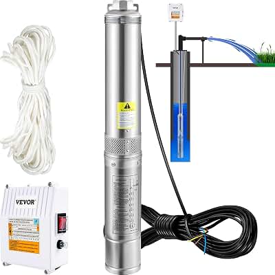 VEVOR Bomba de Agua Sumergible para Pozos Profundos, Motor de 1100W, 230V, 50Hz, Flujo Máximo de 190 L/min, con Caja de Control Externa para Tierras de Cultivo Minas