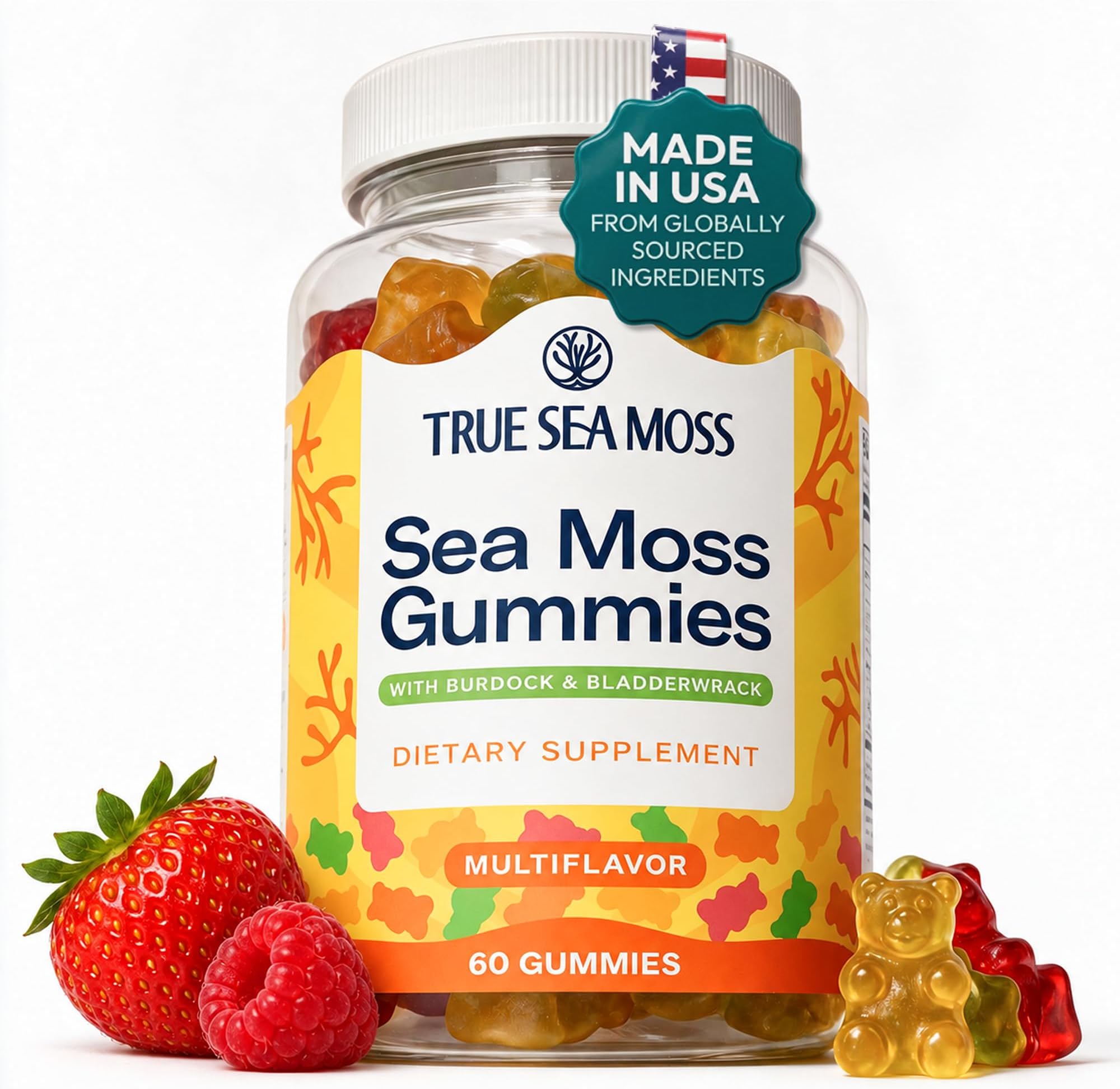 Organic Sea Moss Gummies – Contains Irish Sea Moss + Burdock Root + Bladderwrack – 60 Gummies for Stronger Immune, Healthier Skin & Hair, Detox – Great for Kids & Adults, Made in The USA