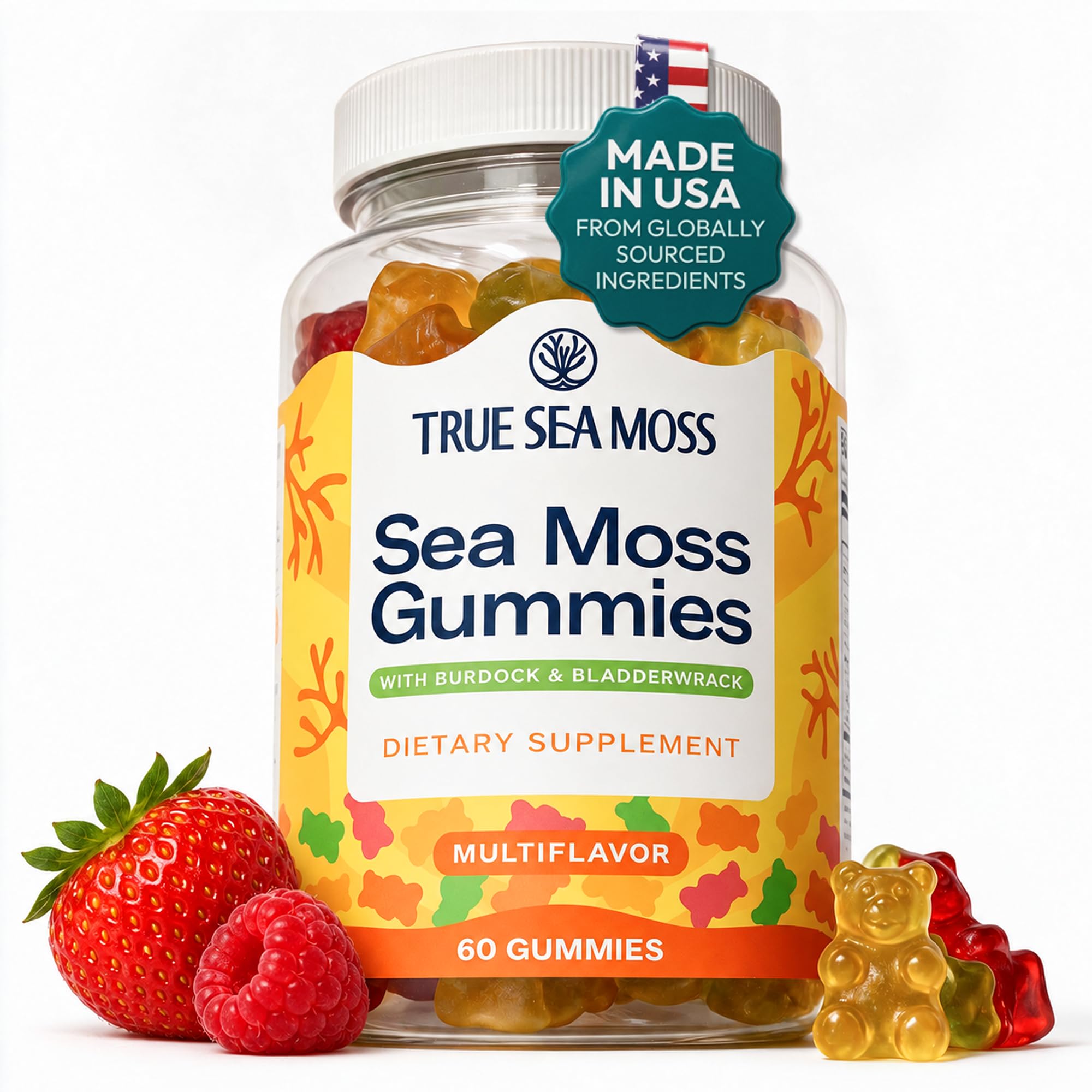 TrueSeaMoss Irish Sea Moss Gummies with Burdock Root & Bladderwrack – Formula for Adults & Kids – 60 Gummies (Packaging May Vary)