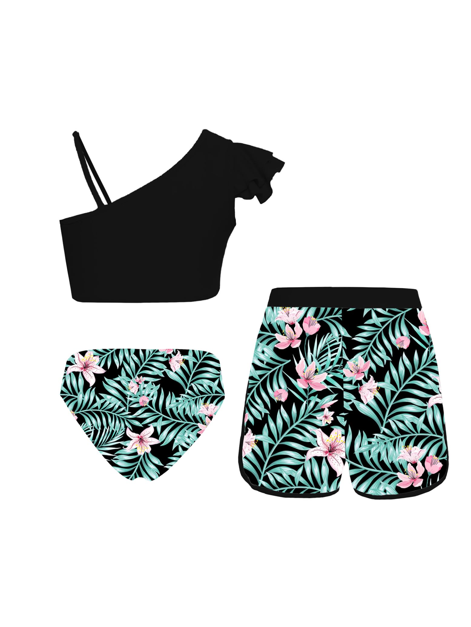 Eandarui Kids Girls 3Pcs Sleeveless Swimsuit Tank Top and Brief with Tropical Print Shorts Bathing Suit Black&Green Flower 12 Years