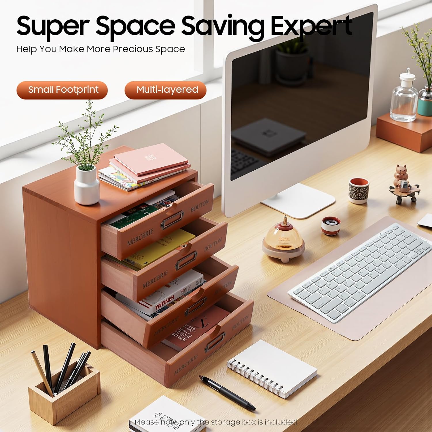 Desktop Storage Box with 4 Drawers - Pine Wood Vintage Apothecary Cabinet Antique Desktop Organizer Stackable Drawer Unit for Cosmetics Jewelry Letters Sugar Packets - 9.65"×6.89"×9.65"