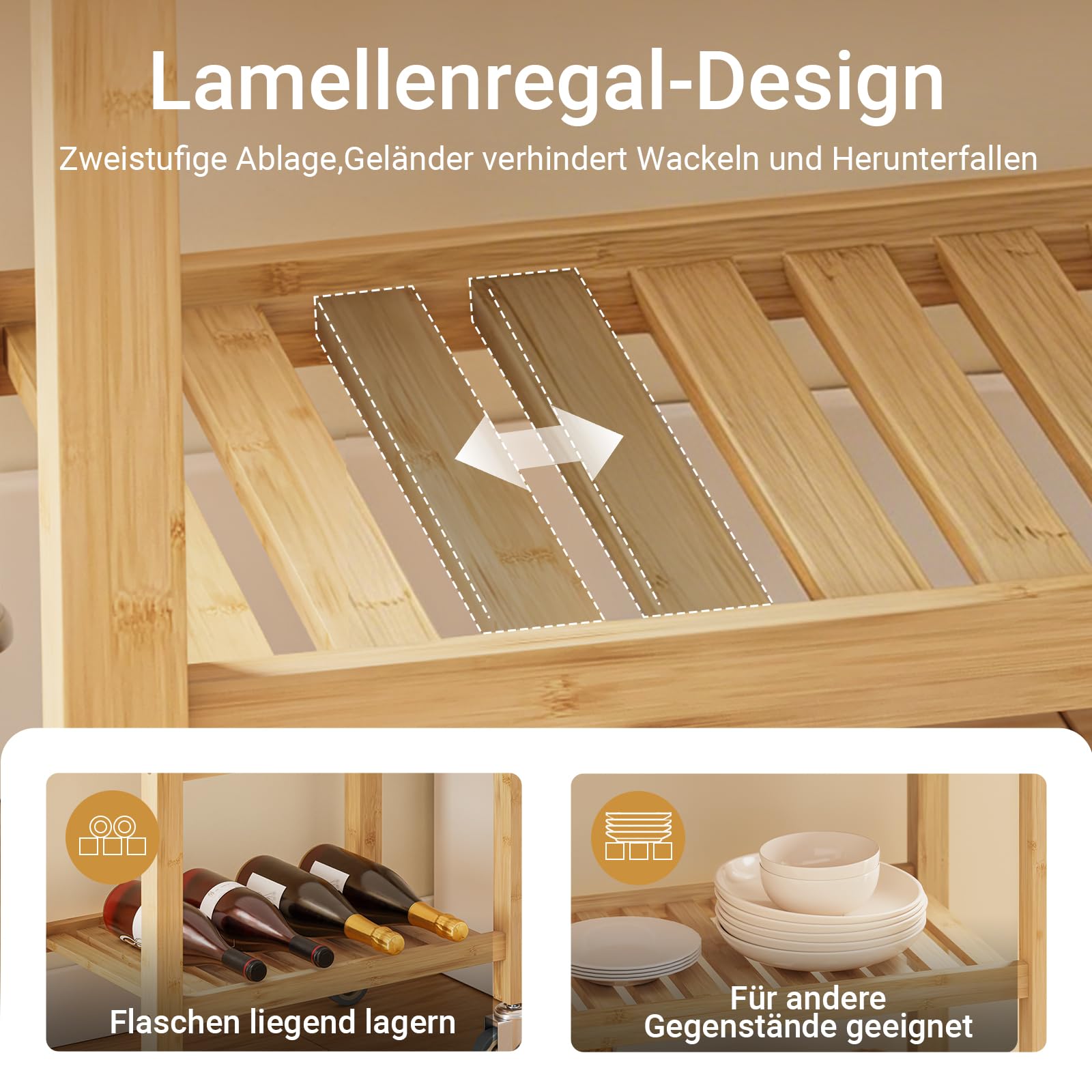 SoBuy Küchenwagen aus karbonisiertem Bambus Küchenwagen Holz Servierwagen mit Rollen – antibakteriell, feuchtigkeitsbeständig, geruchsneutral, ideal für Küche, Esszimmer & Outdoor 58×86×40cm FKW135-N