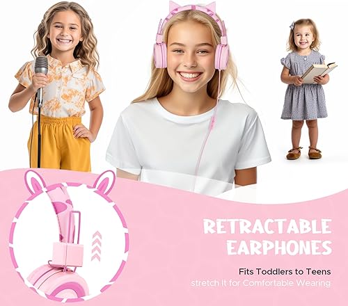 Miniatura 5 de QearFun Auriculares de gato para niñas y niños para la escuela, auriculares con cable para niños con micrófono y conector de 0.138 in, auriculares